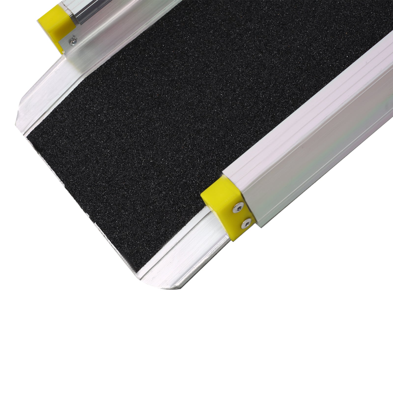 Closeup of an aluminum portable ramp with a black textured surface for grip