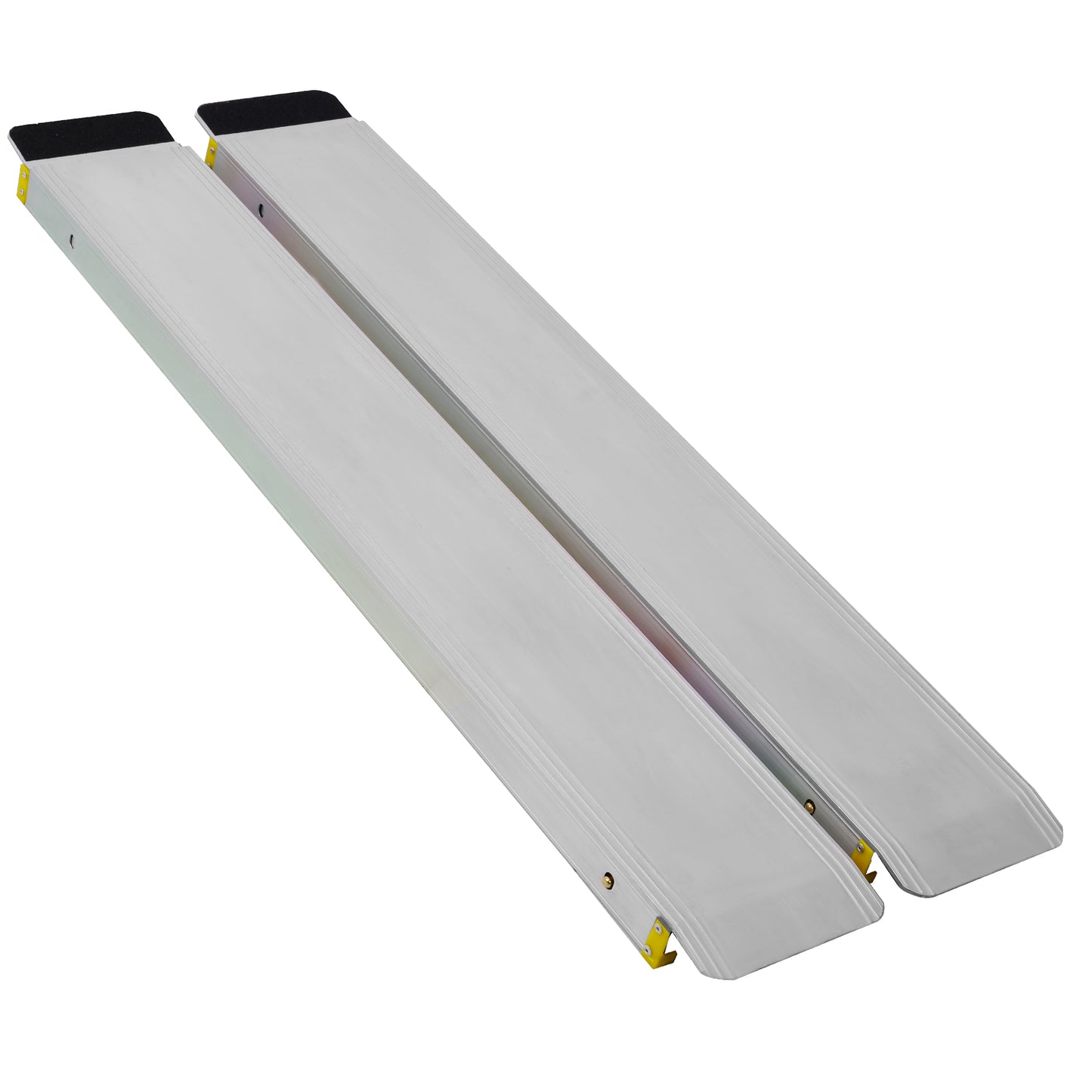 Pair of silver aluminum loading ramps with black rubber tops and yellow brackets