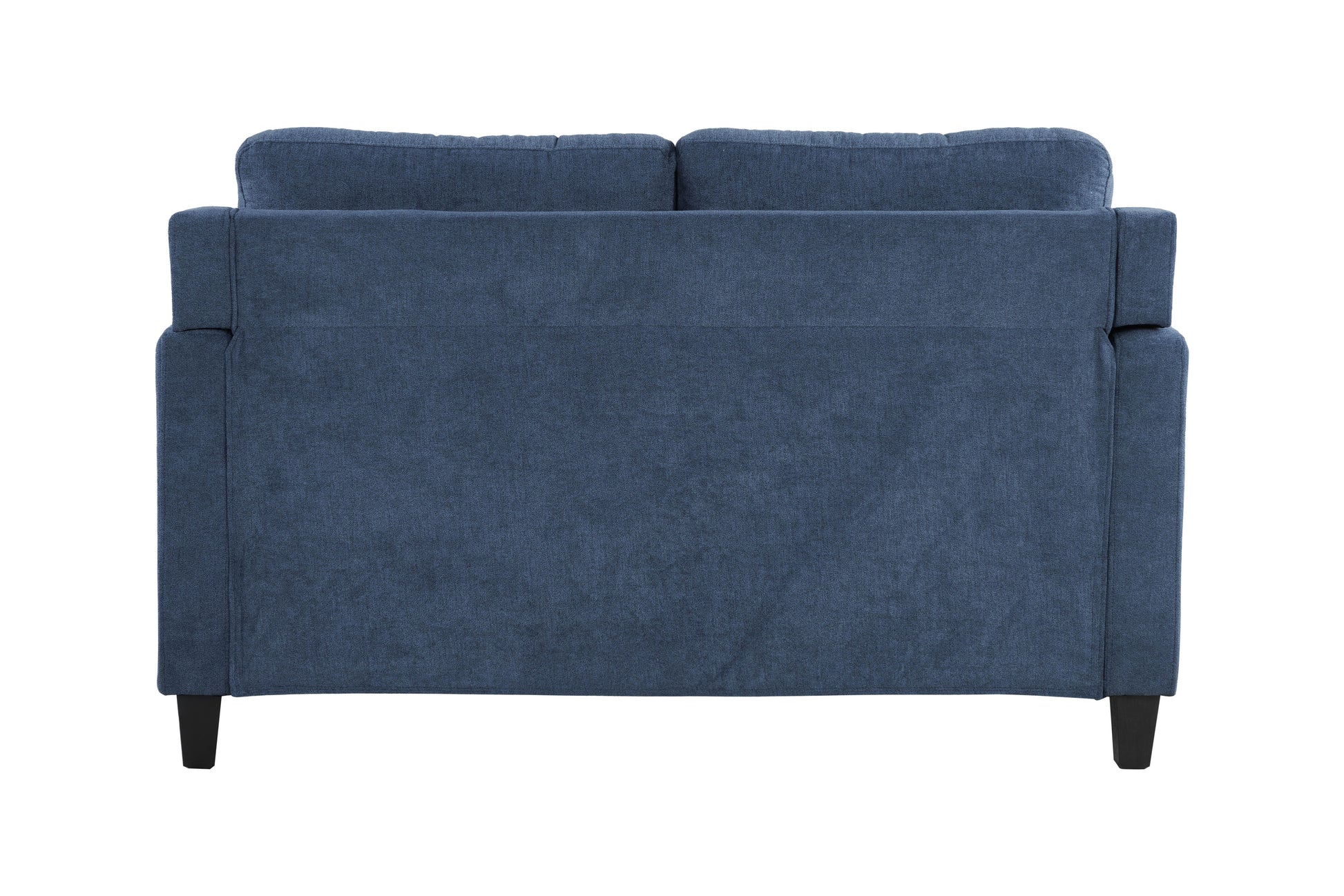 Back view of a modern navy blue fabric sofa with plush cushions and dark wooden legs