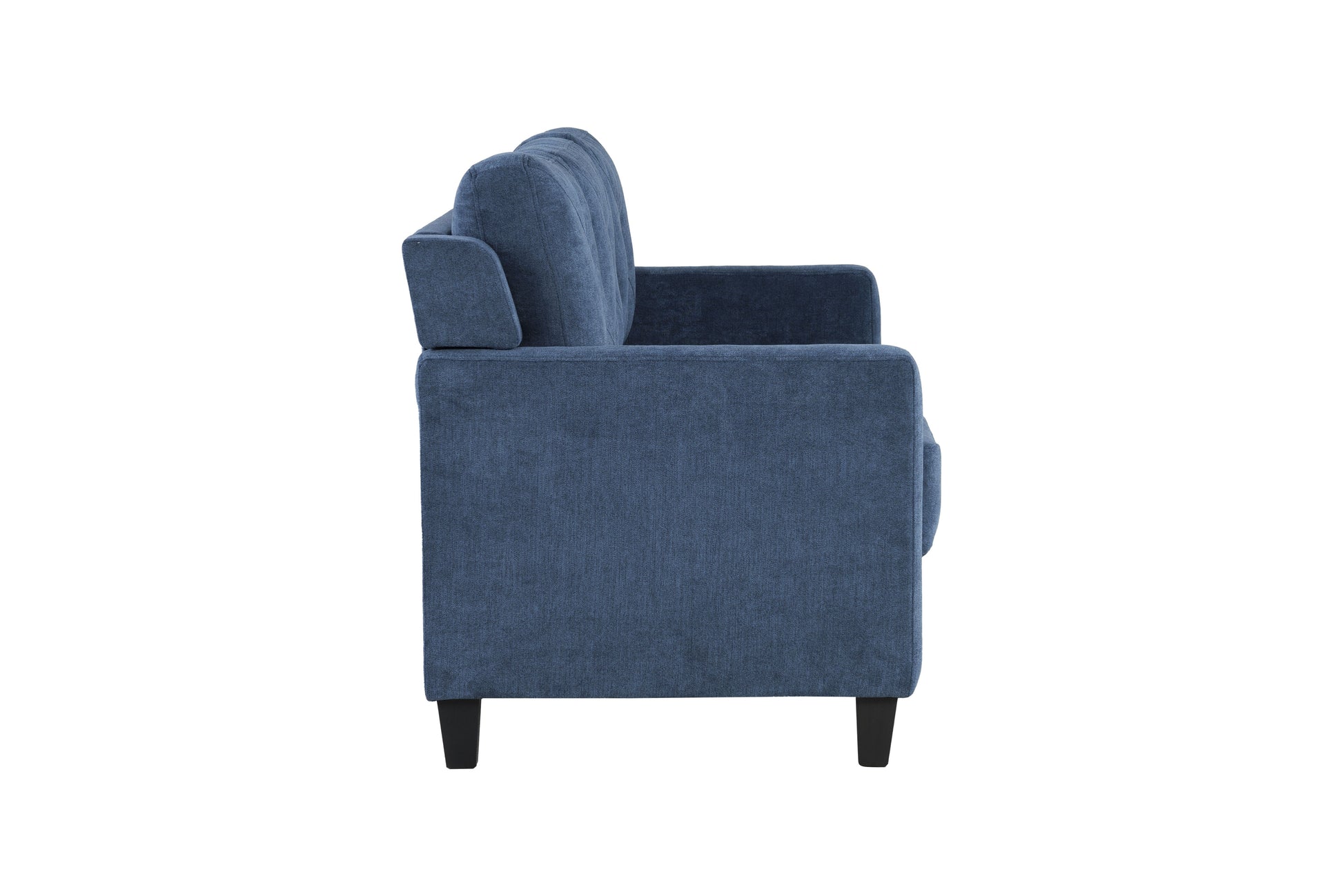 Navy blue upholstered sofa with plush cushions and dark wood legs