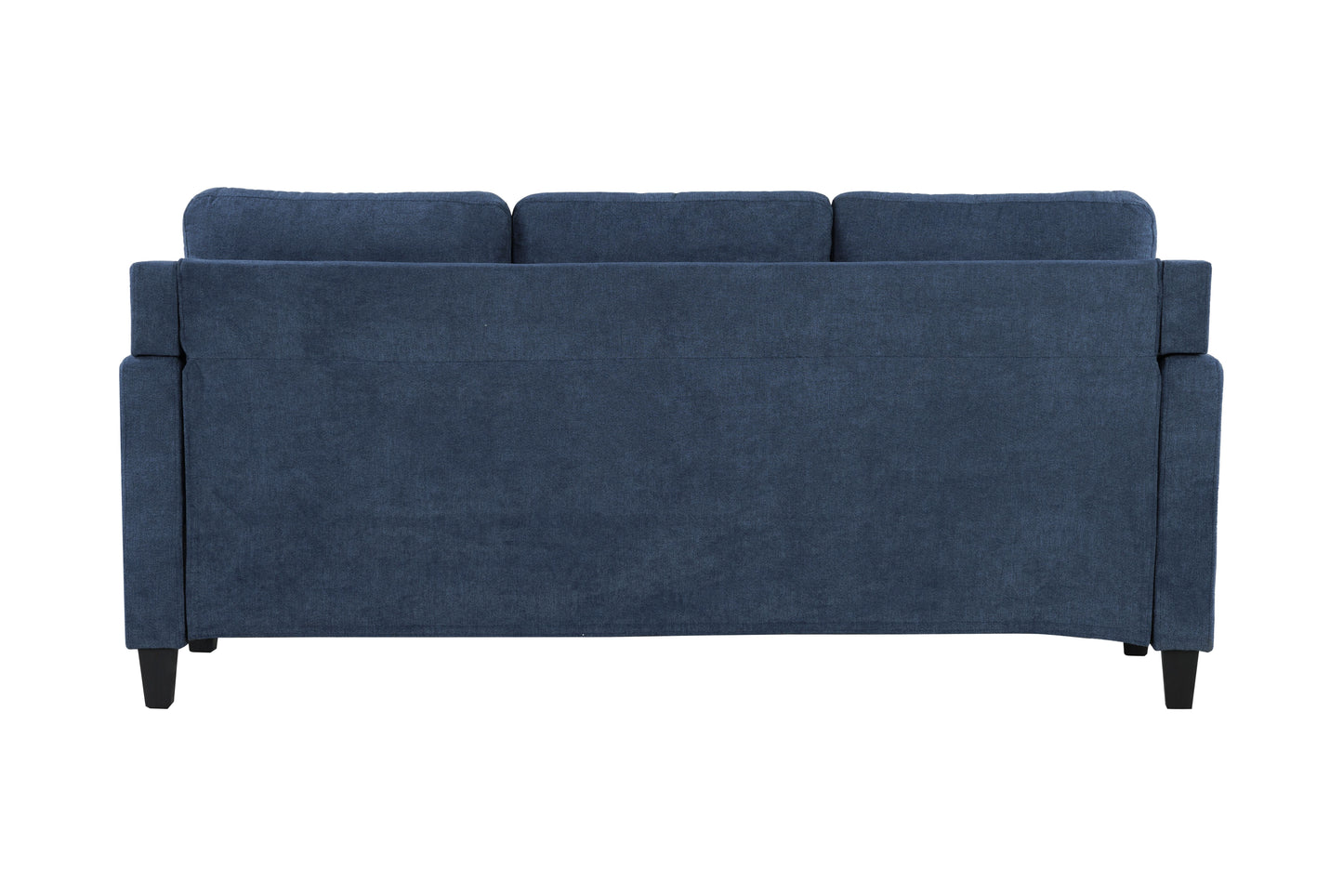 Back view of a plush navy blue fabric threeseater sofa with square arms and black tapered legs