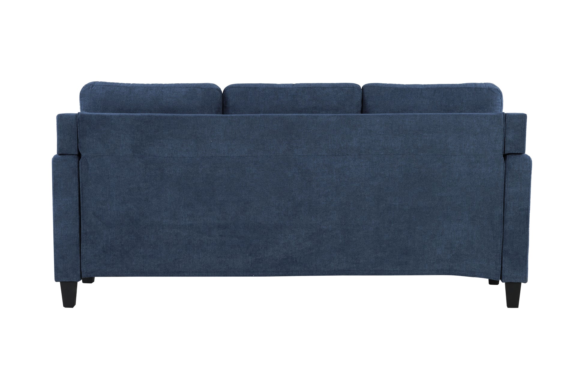 Back view of a plush navy blue fabric threeseater sofa with square arms and black tapered legs