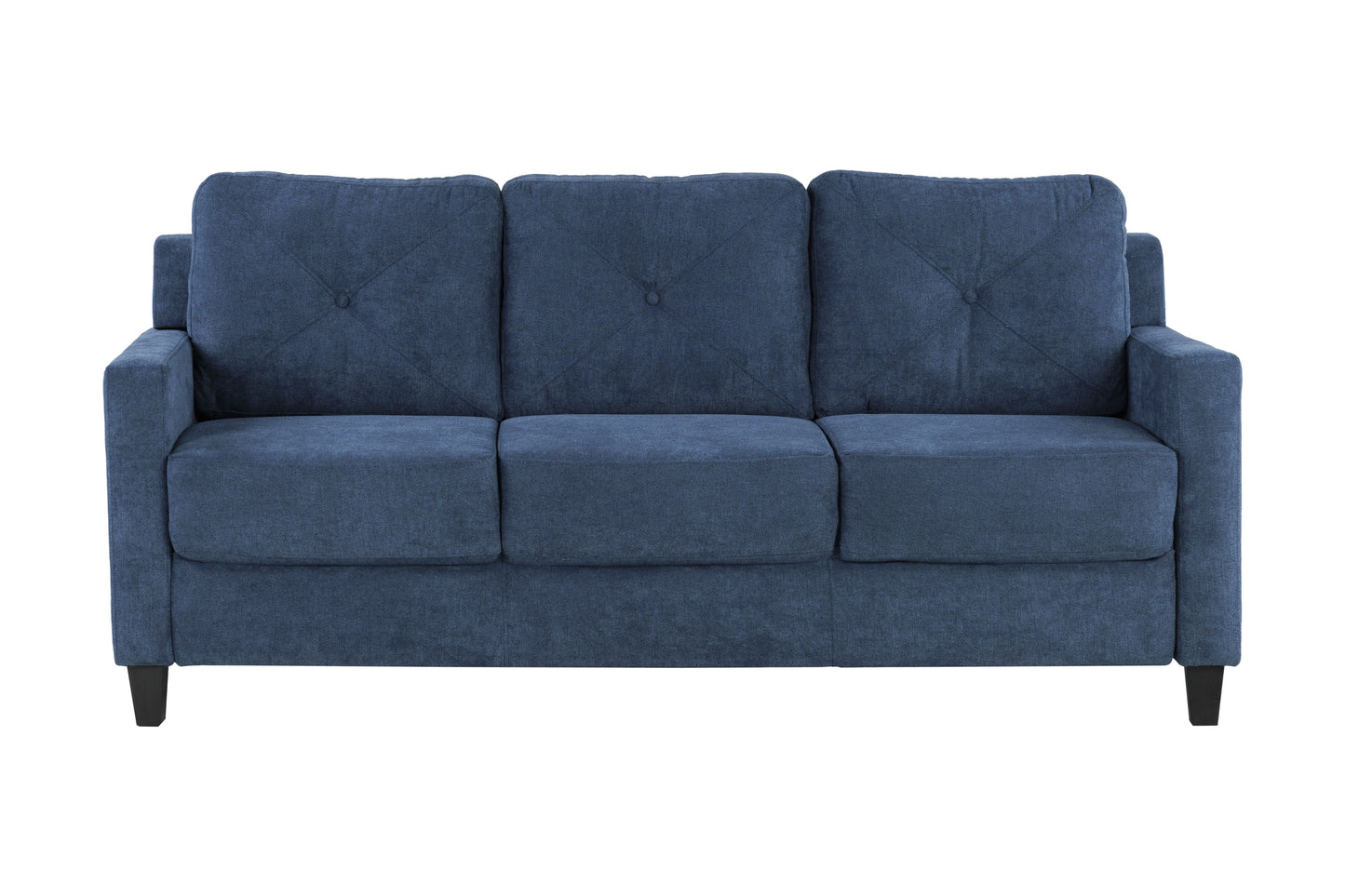 Textured navy blue threeseater sofa with tufted back cushions