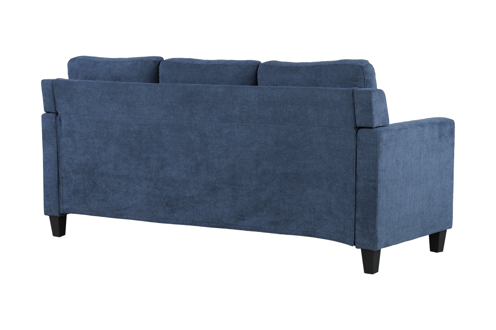 Rear view of a threeseater navy blue fabric sofa with square black legs perfect for living rooms