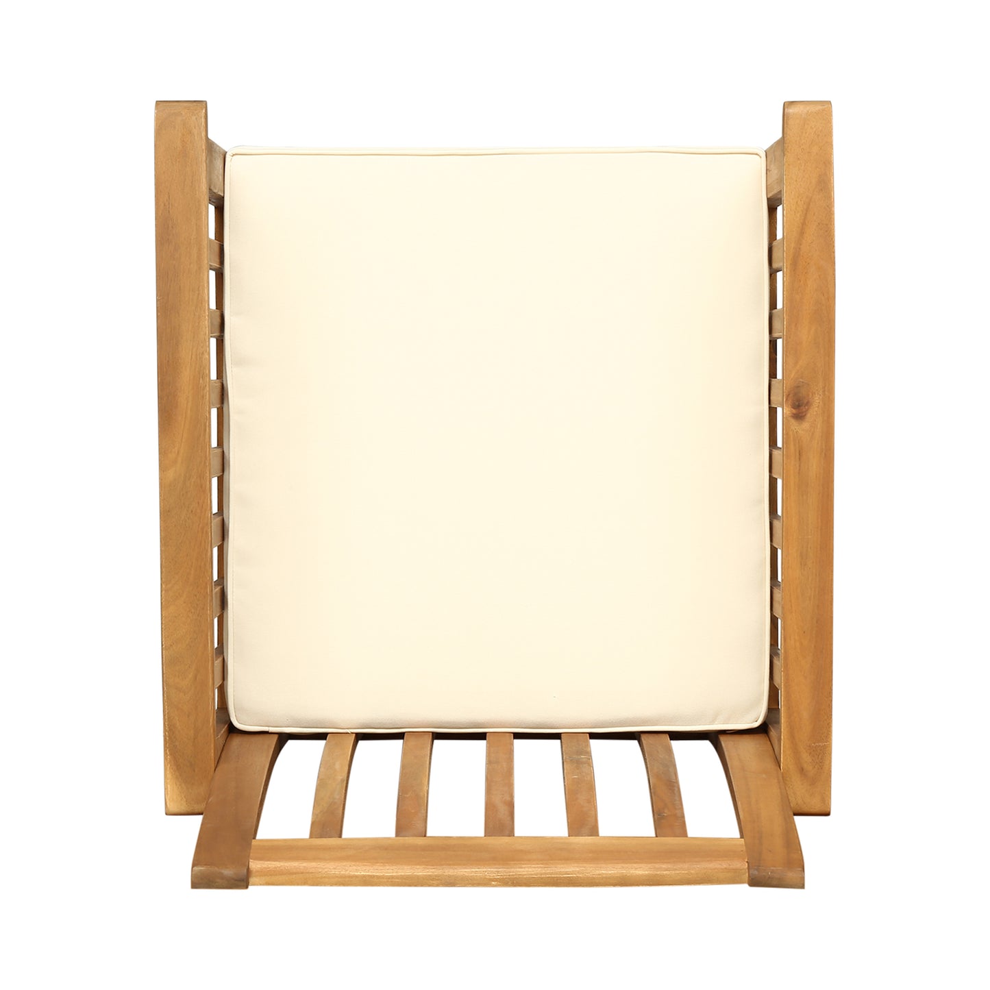 Top view of a modern wooden outdoor chair with a cream cushion