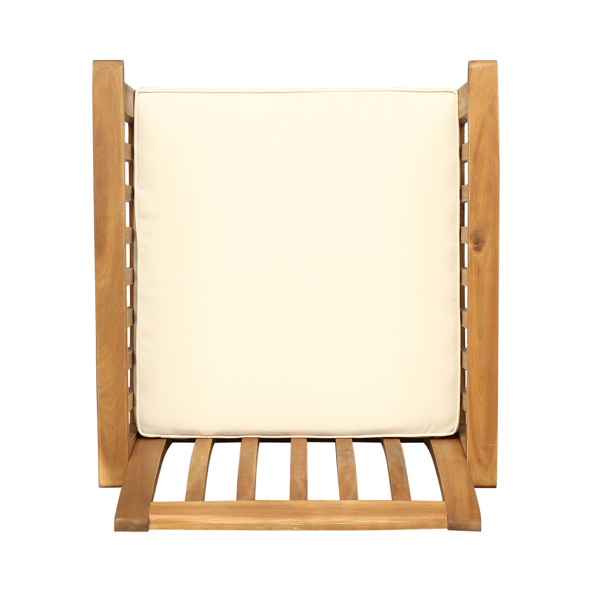 Top view of a modern wooden outdoor chair with a cream cushion
