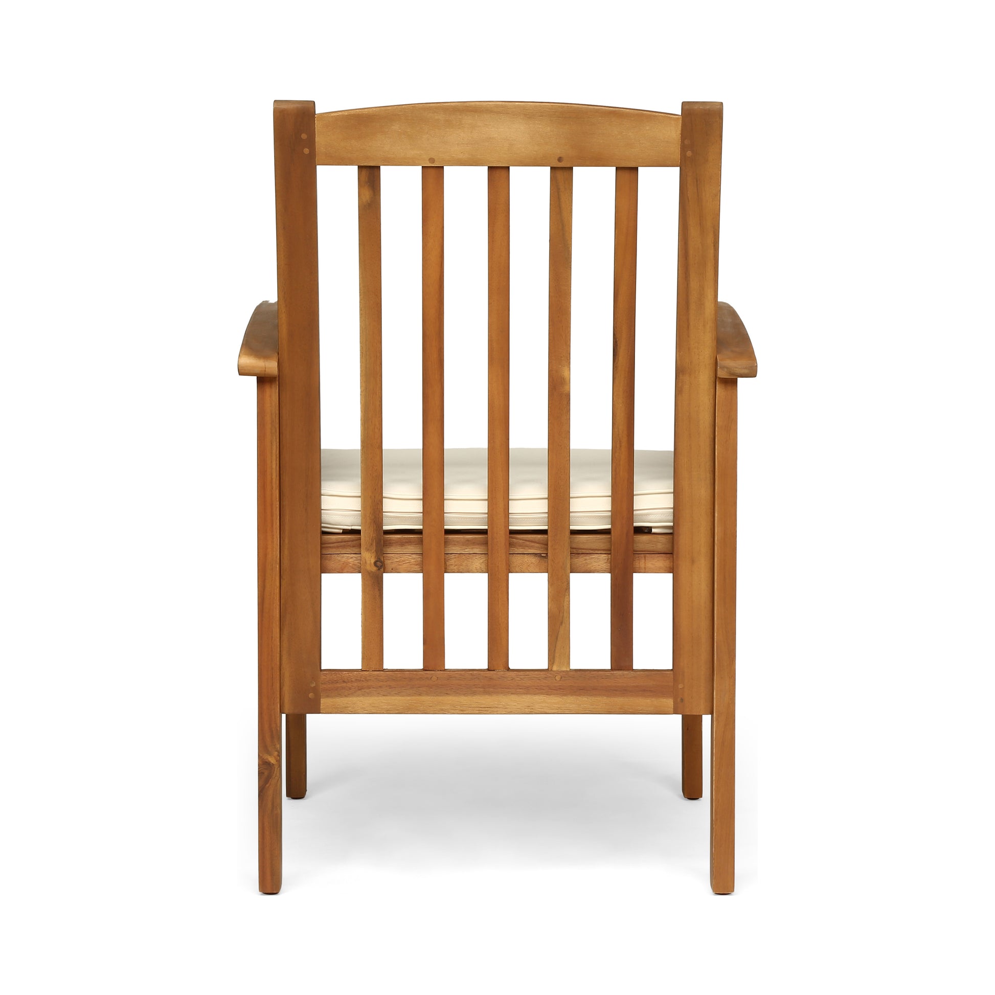 Solid wood patio chair with slatted back and a lightcolored cushion