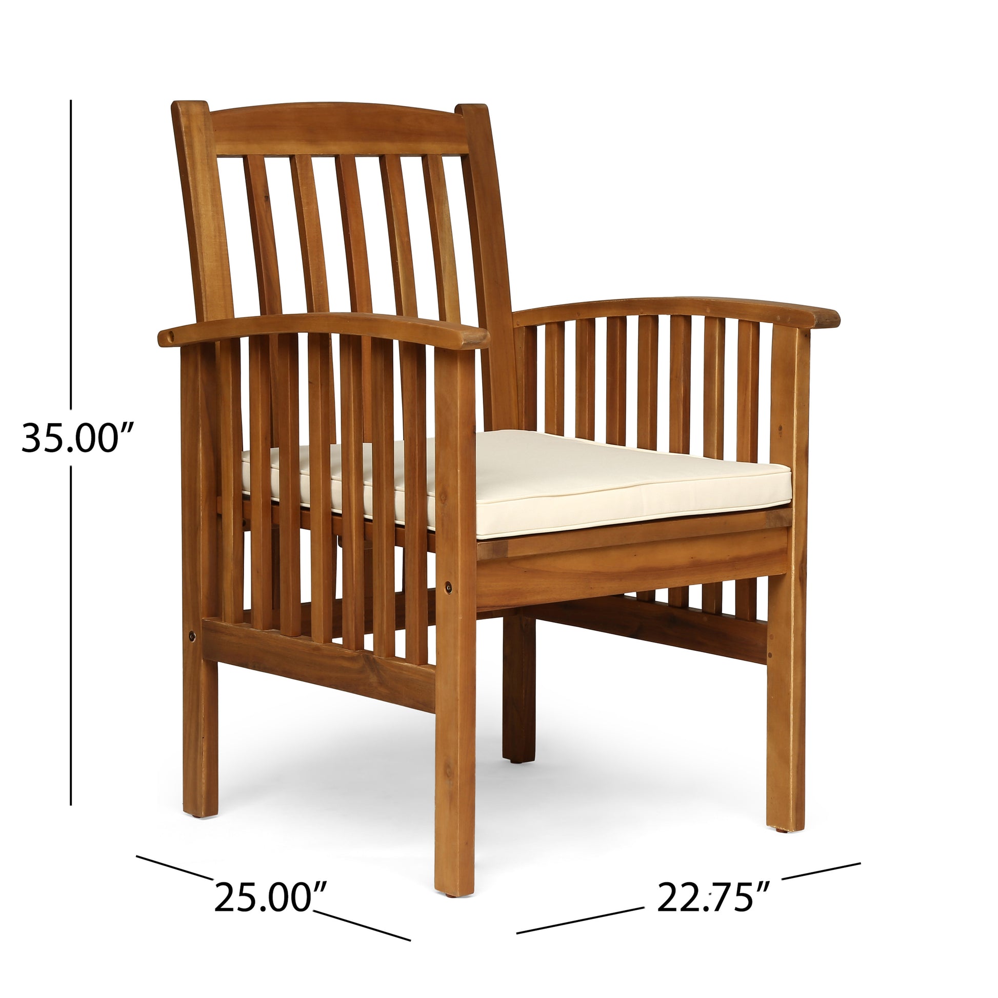 Wooden patio chair with slatted back and armrests featuring a cream cushion