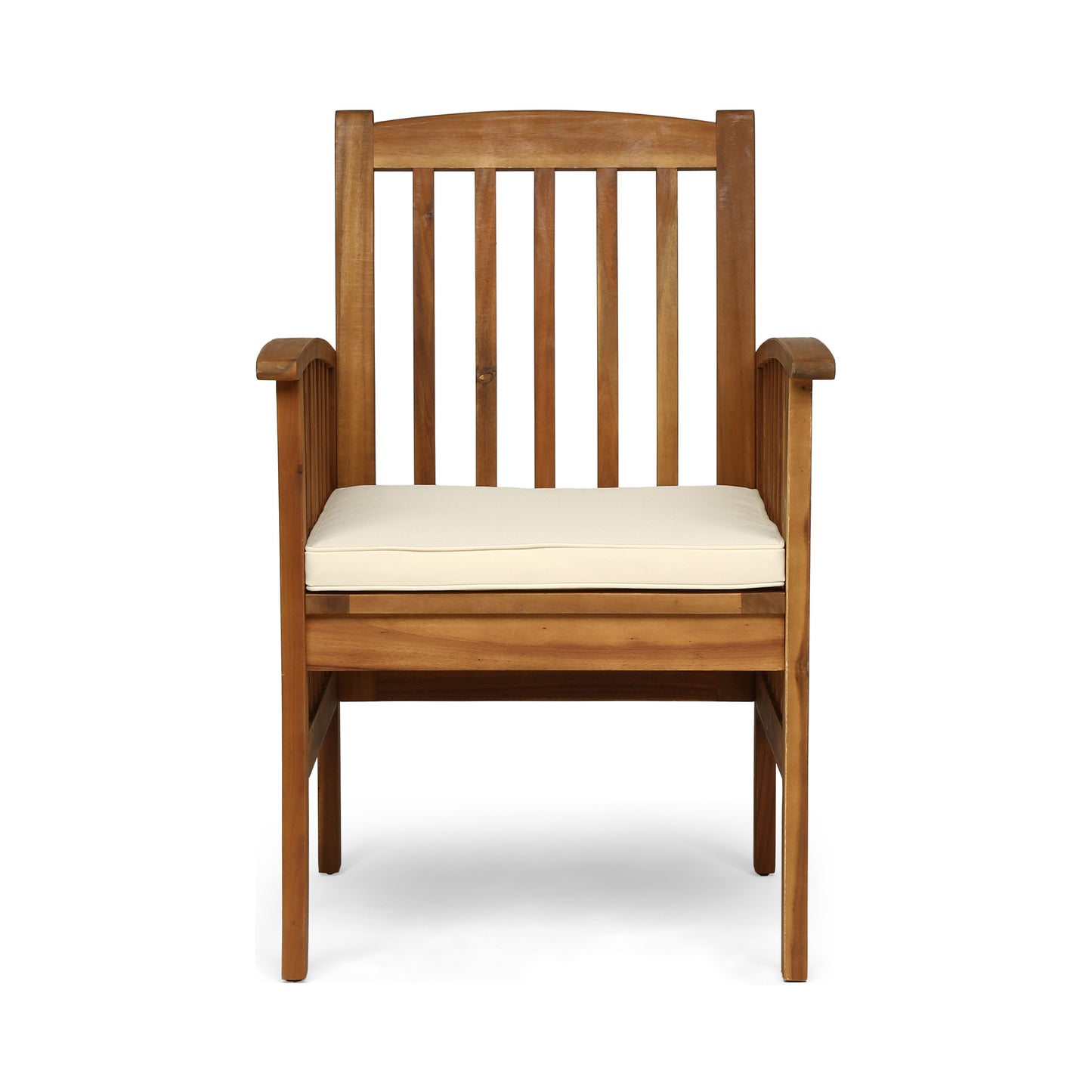 Wooden armchair with slatted back and beige cushion for outdoor patio seating