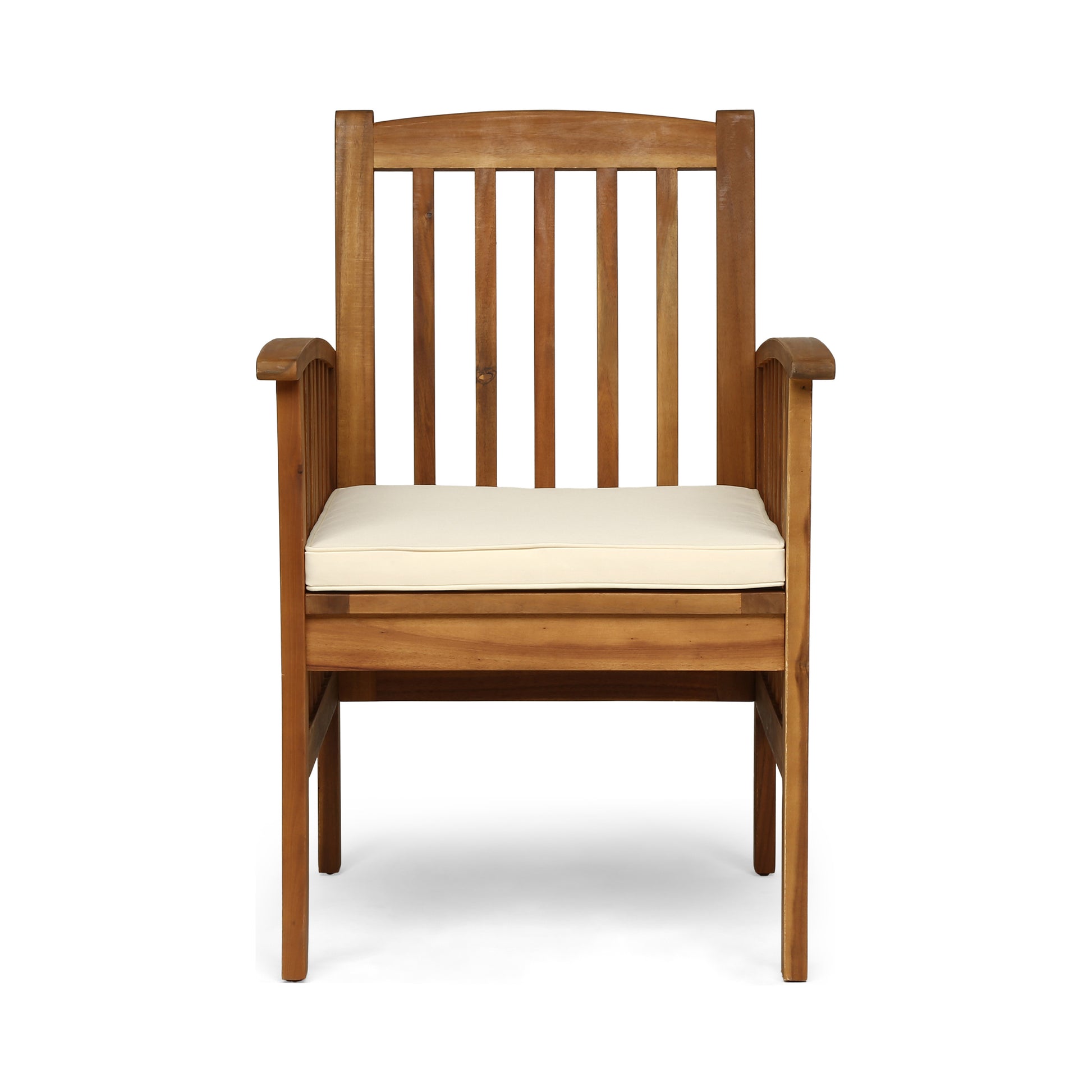 Wooden armchair with slatted back and beige cushion for outdoor patio seating