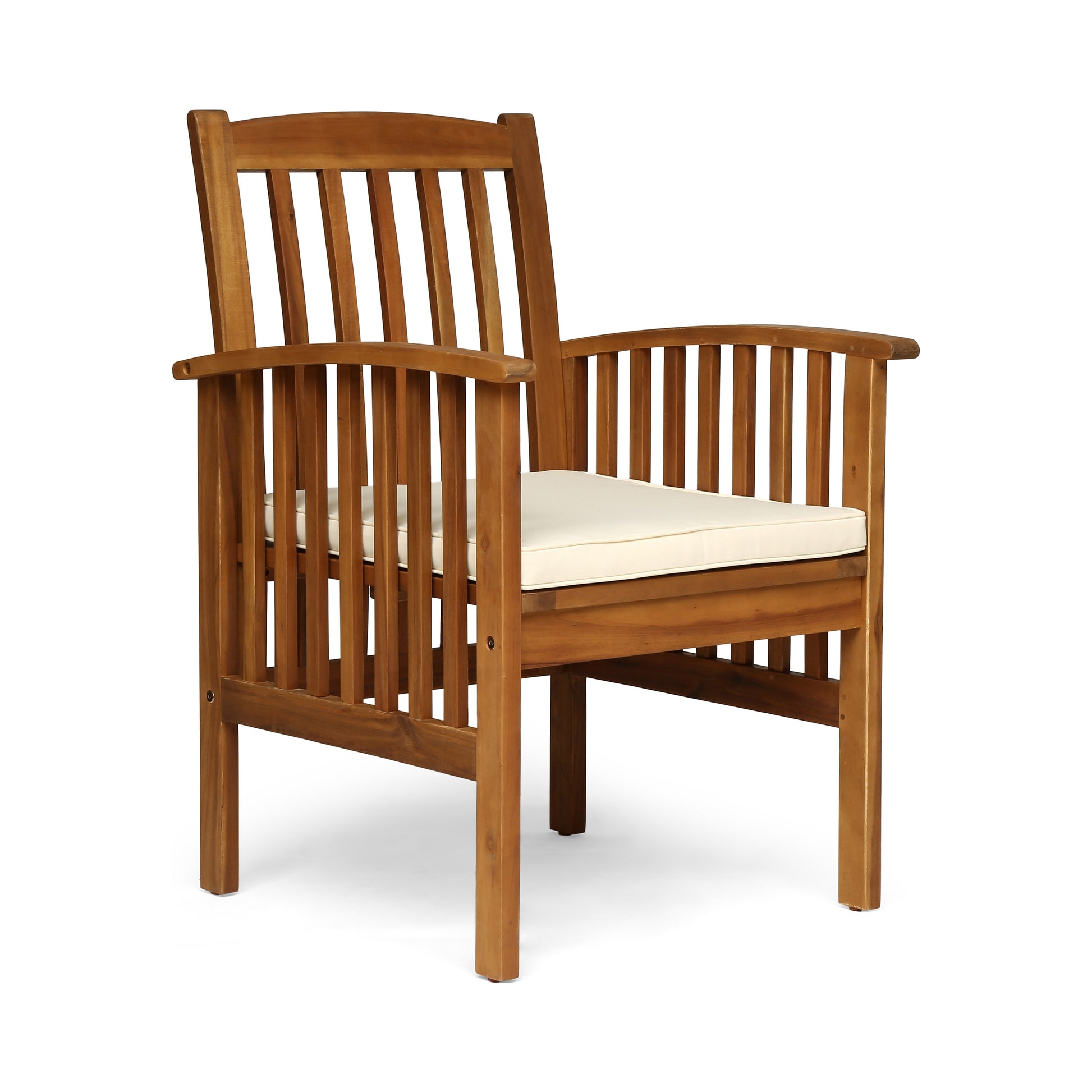 Wooden outdoor armchair with slatted back and seat cushion