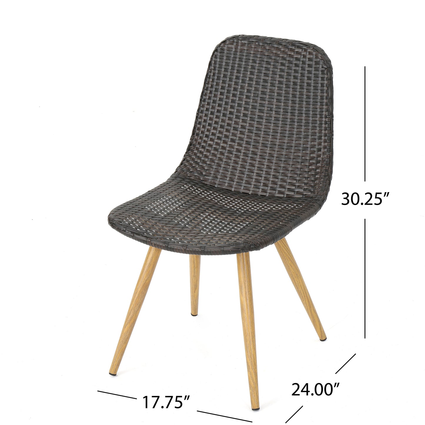 Dark brown wicker dining chair with natural wood legs perfect for outdoor patios