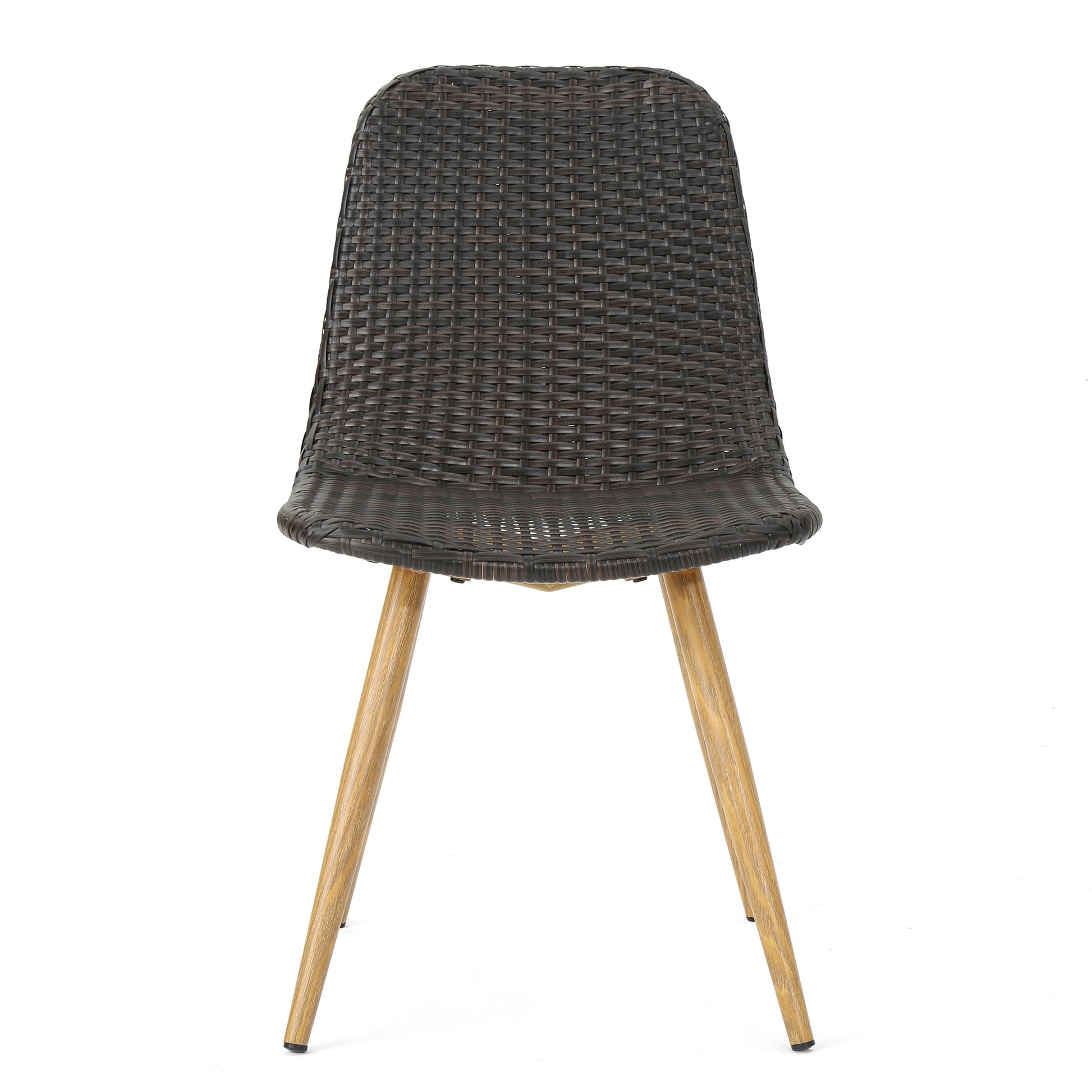 Dark brown rattan chair with natural wood legs perfect for patio seating