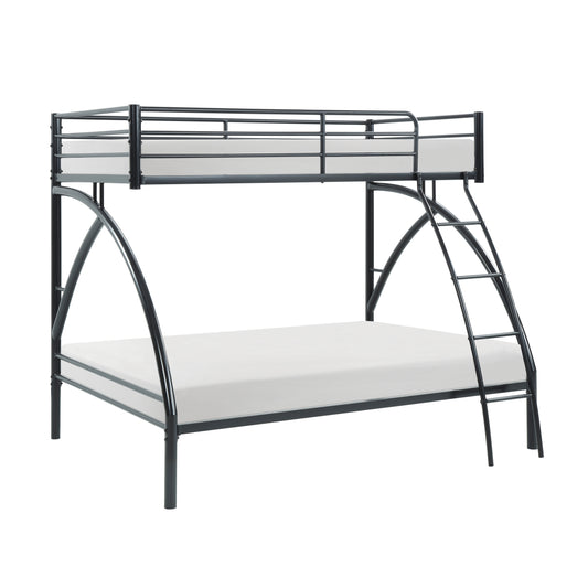 Black metal twin over twin bunk bed with white mattresses and integrated ladder