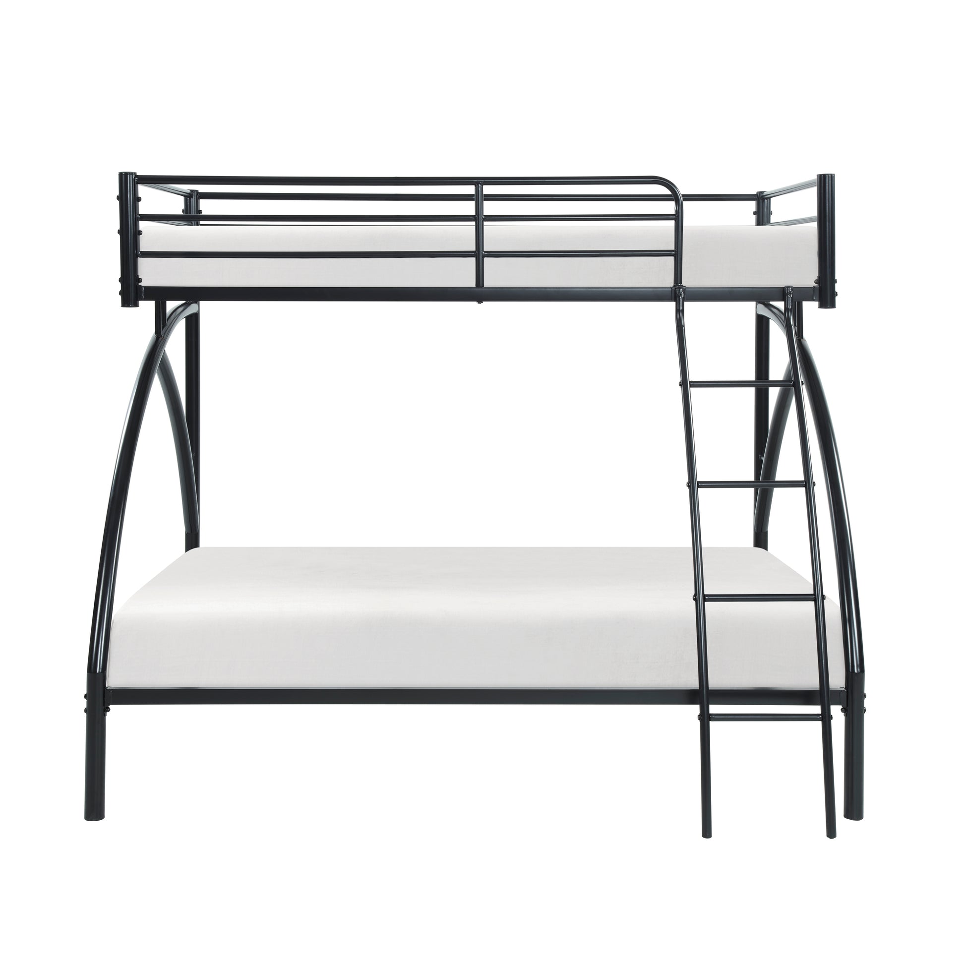 Black metal twin over twin bunk bed with white mattresses and a ladder