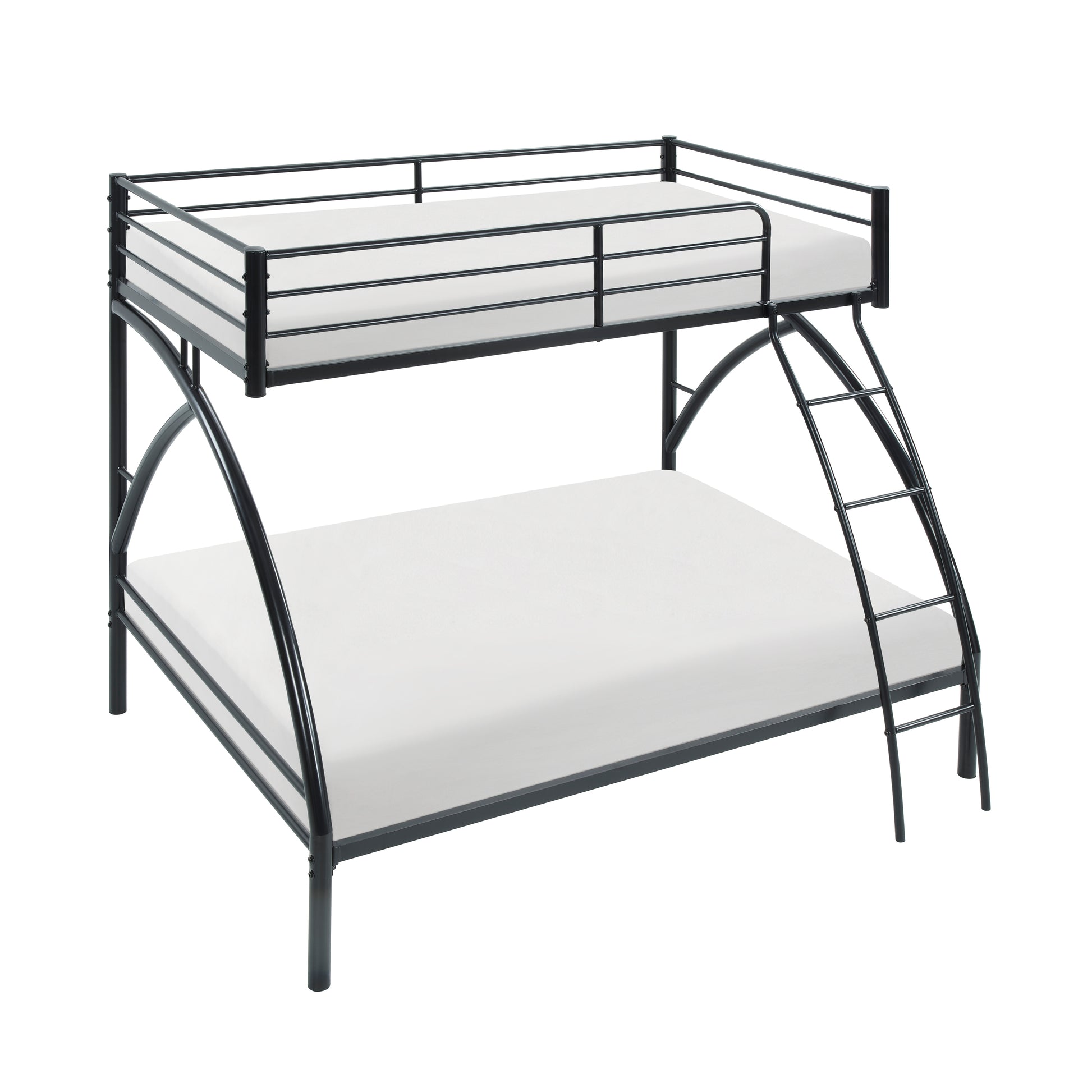 Black metal bunk bed with white mattresses and a silver ladder