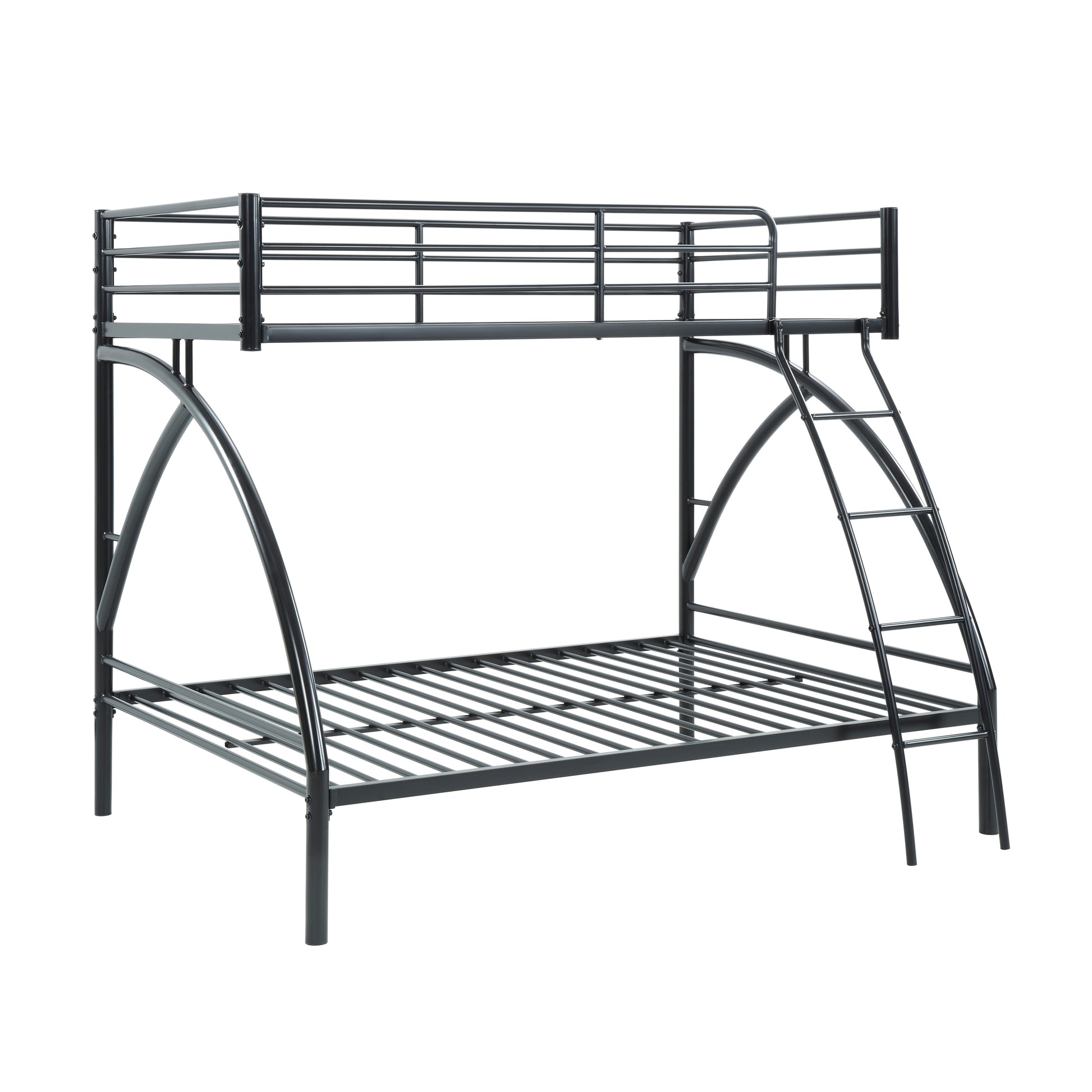 Sleek black metal twin over twin bunk bed with ladder and guardrails for kids rooms