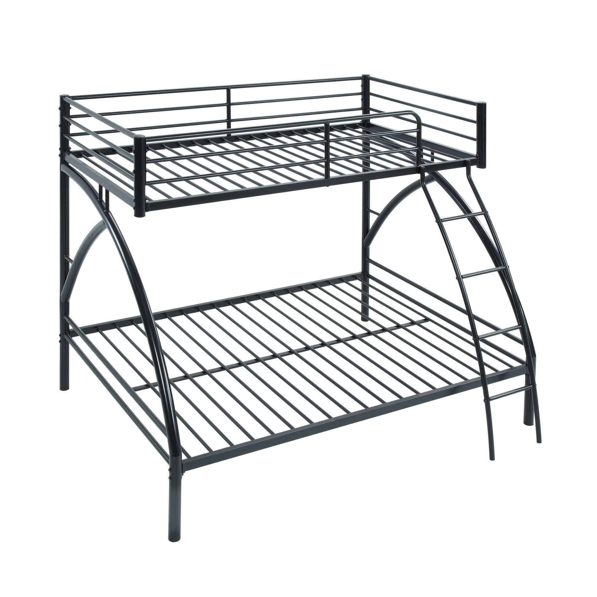 Black metal twin over twin bunk bed with ladder and guardrails for kids room