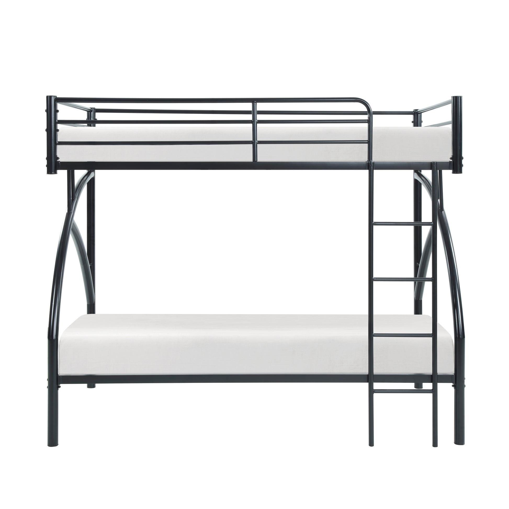 Black metal twin over twin bunk bed with white mattresses and side ladder