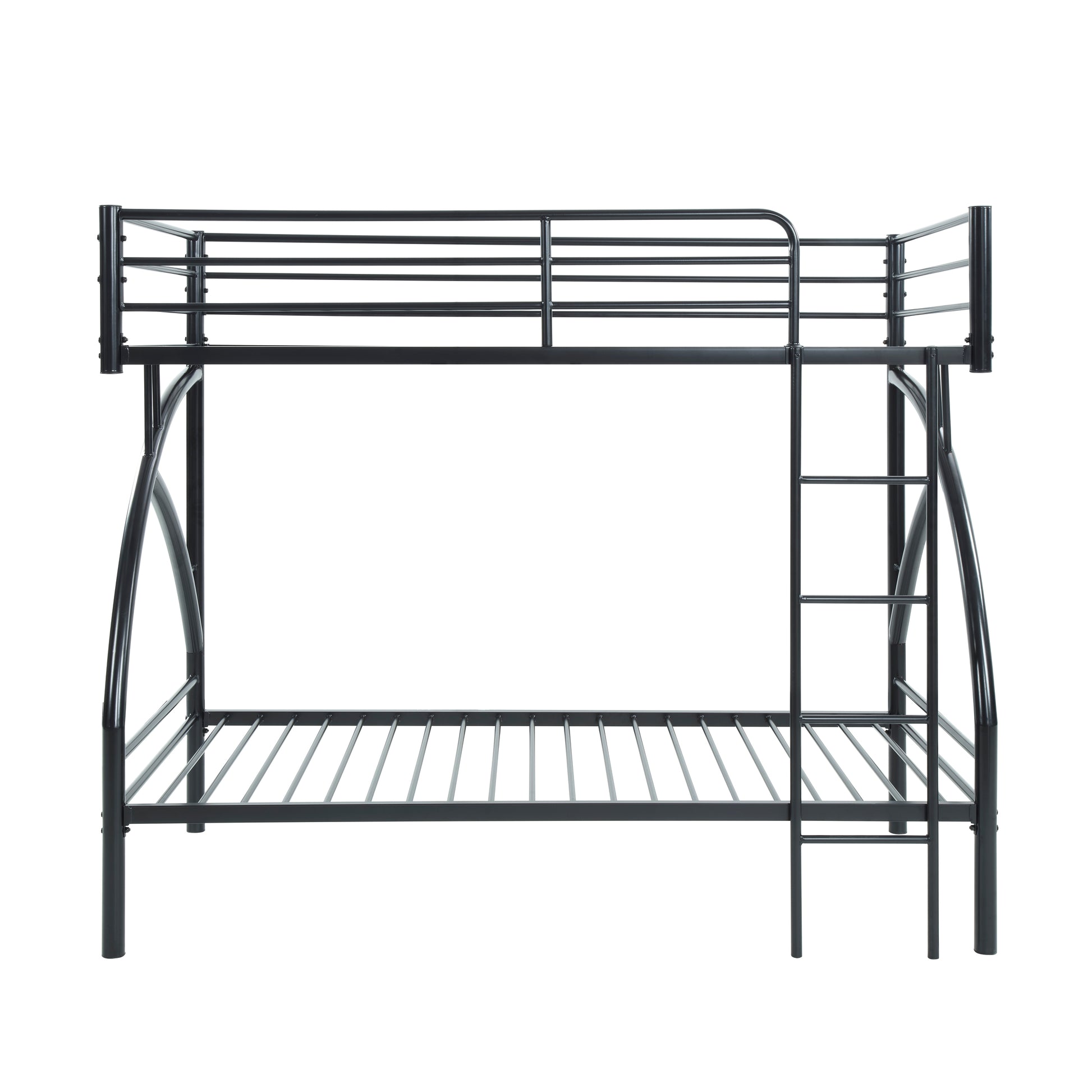 Black metal bunk bed with slatted mattress supports and integrated ladder