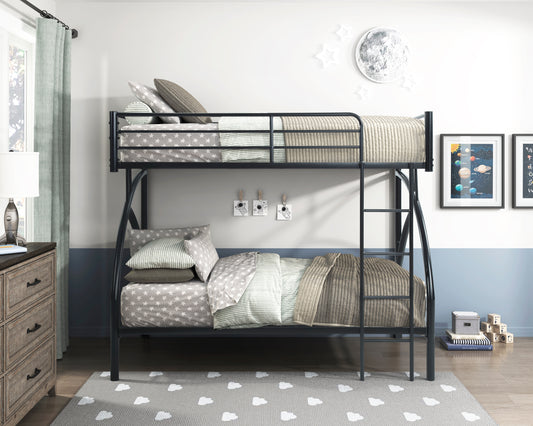 Black metal twinovertwin bunk bed with starpatterned bedding and ladder