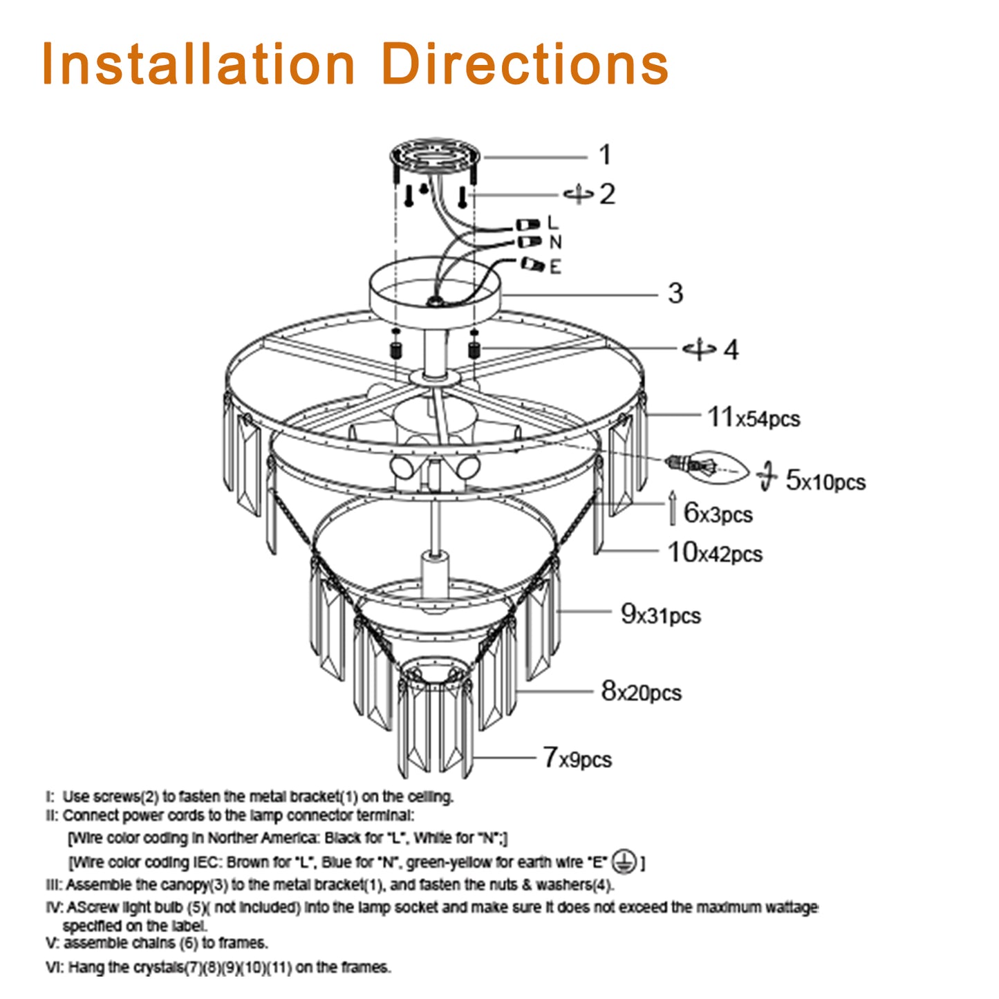 Chandelier installation diagram showing parts and steps for assembly