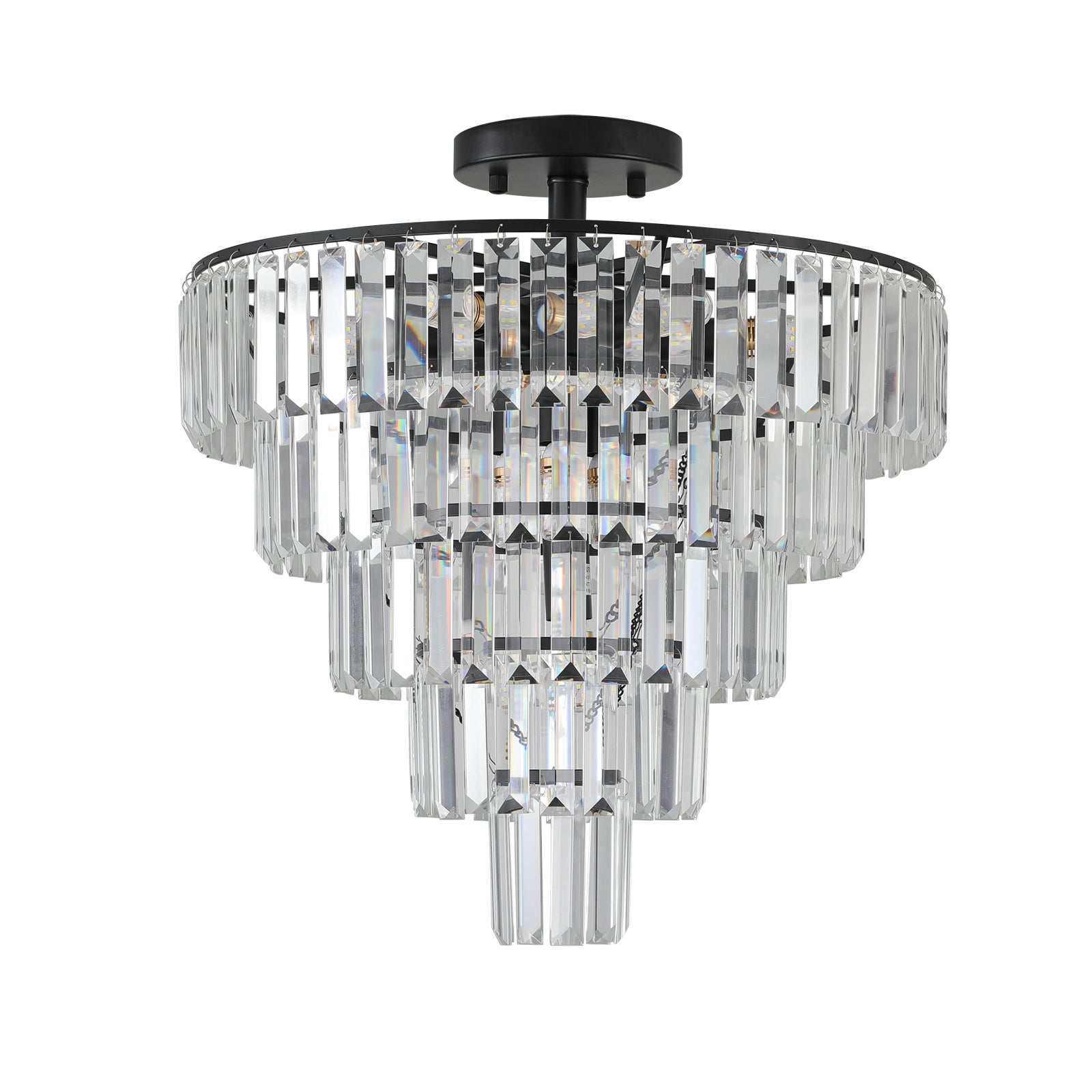 Tiered crystal chandelier with black metal accents modern luxury lighting for dining rooms