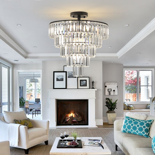 Elegant tiered crystal chandelier with polished chrome accents for modern living rooms