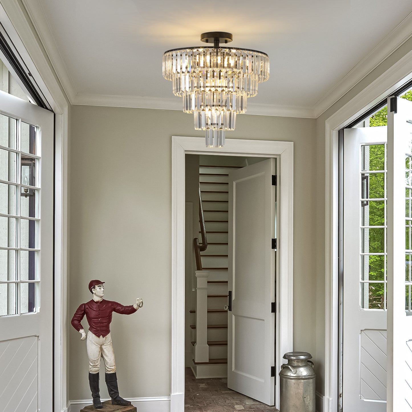 Tiered crystal flush mount chandelier with brushed bronze finish