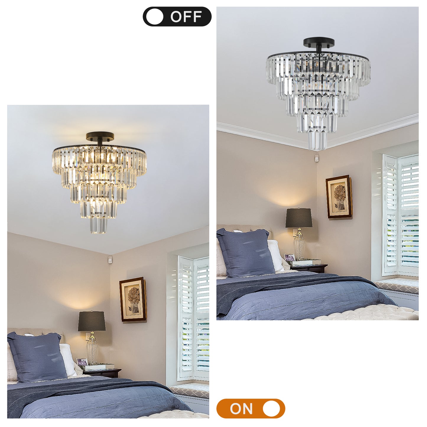 Tiered crystal flush mount chandelier with modern black hardware illuminating a bedroom