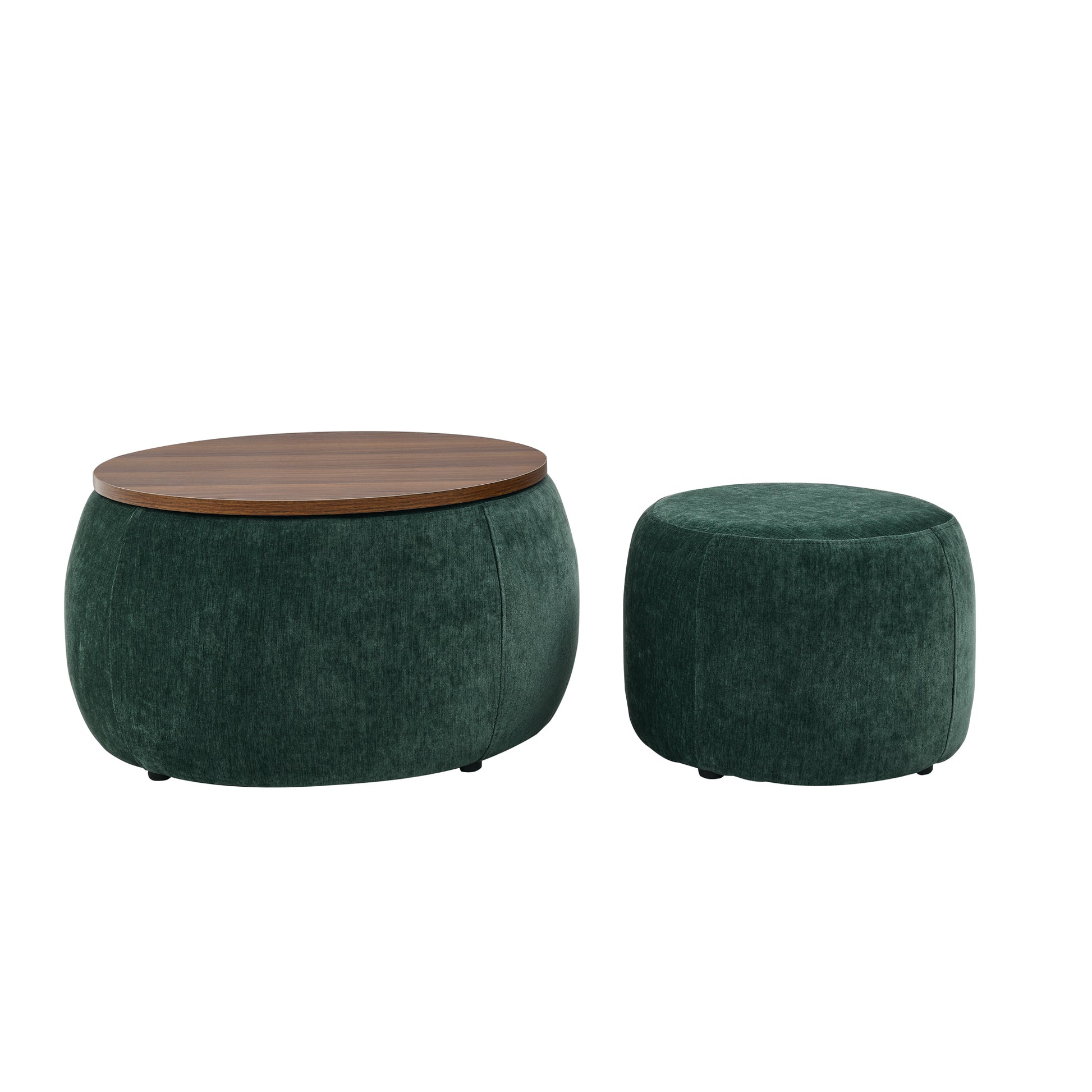 Round emerald green upholstered ottoman with a dark wood lifttop complementing any modern living room