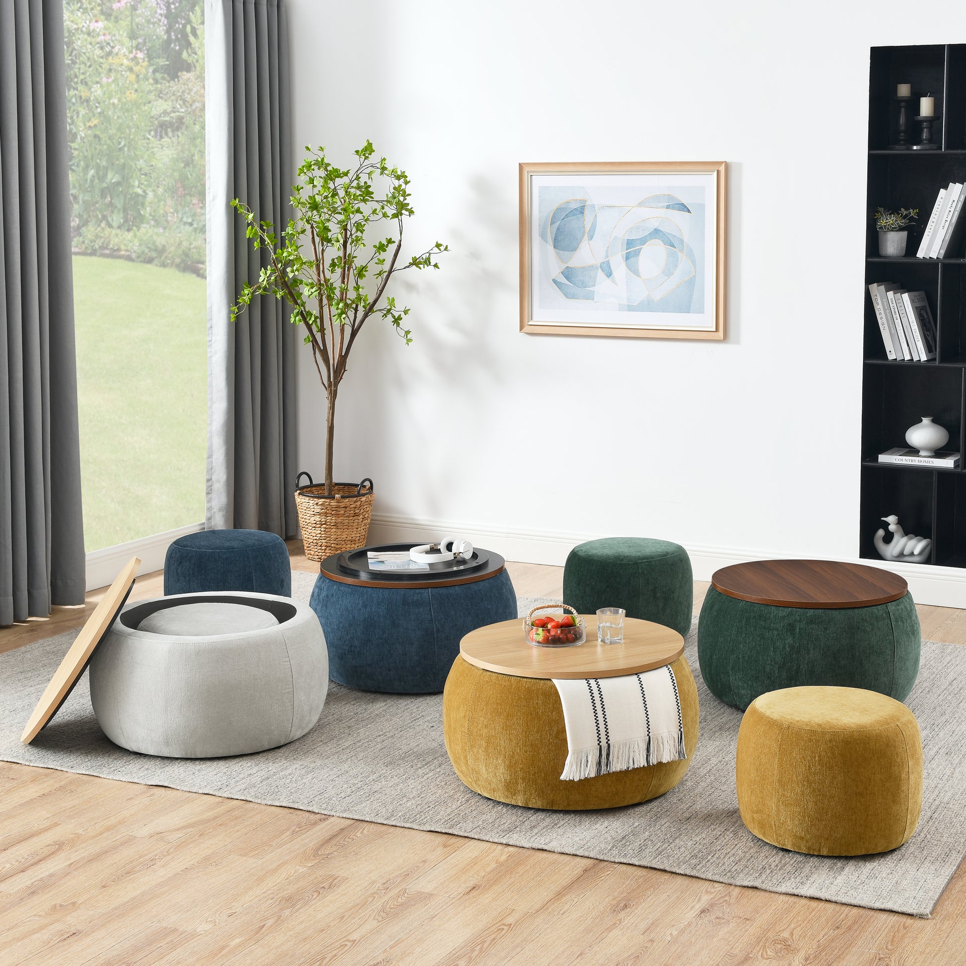 Round grey storage ottoman with wooden lid in a living room