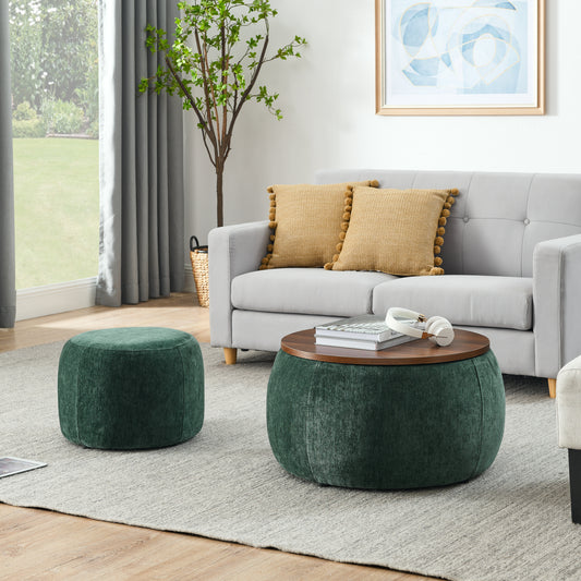 Round green velvet storage ottoman with wooden lid on a rug