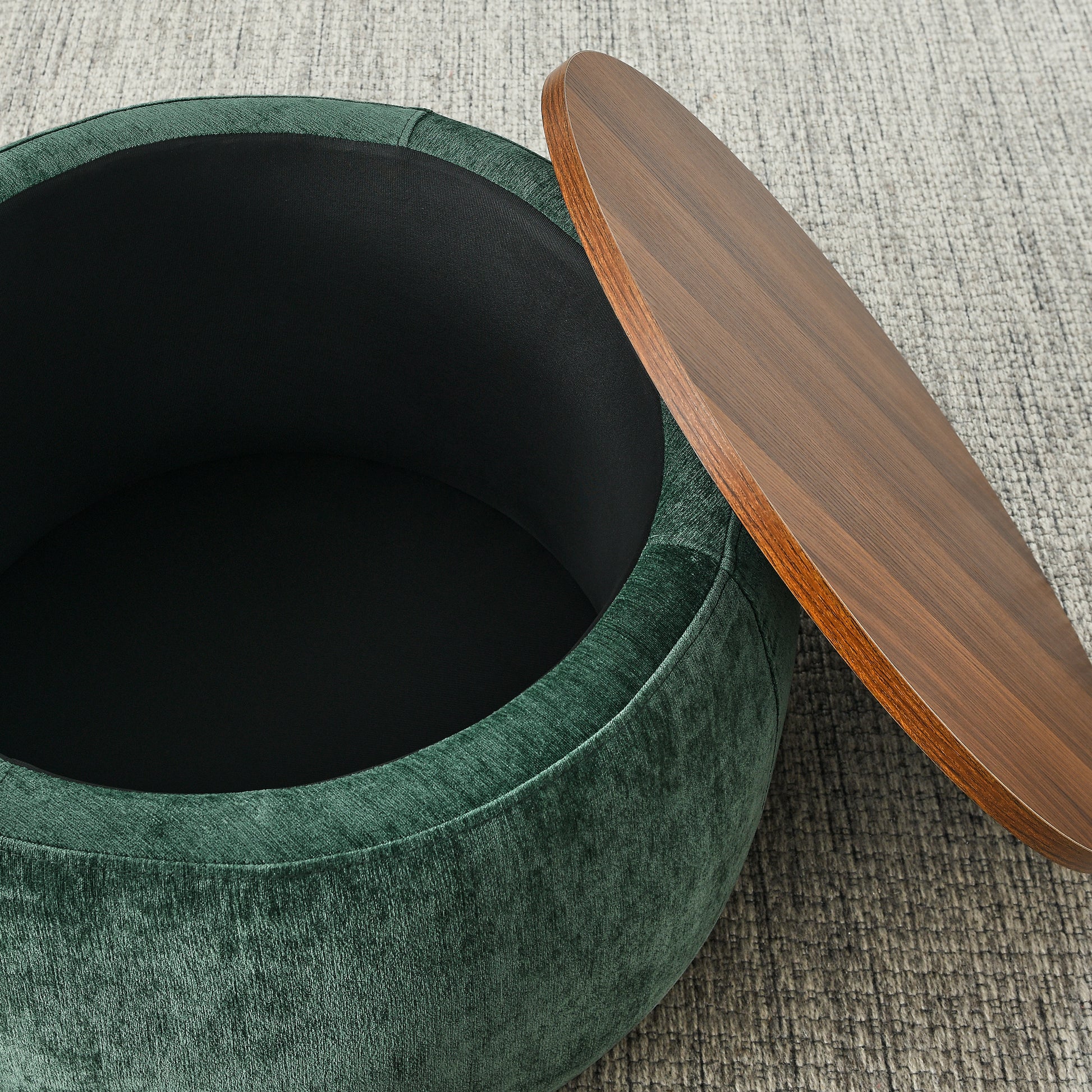 Deep green velvet storage ottoman with a removable walnut wood lid