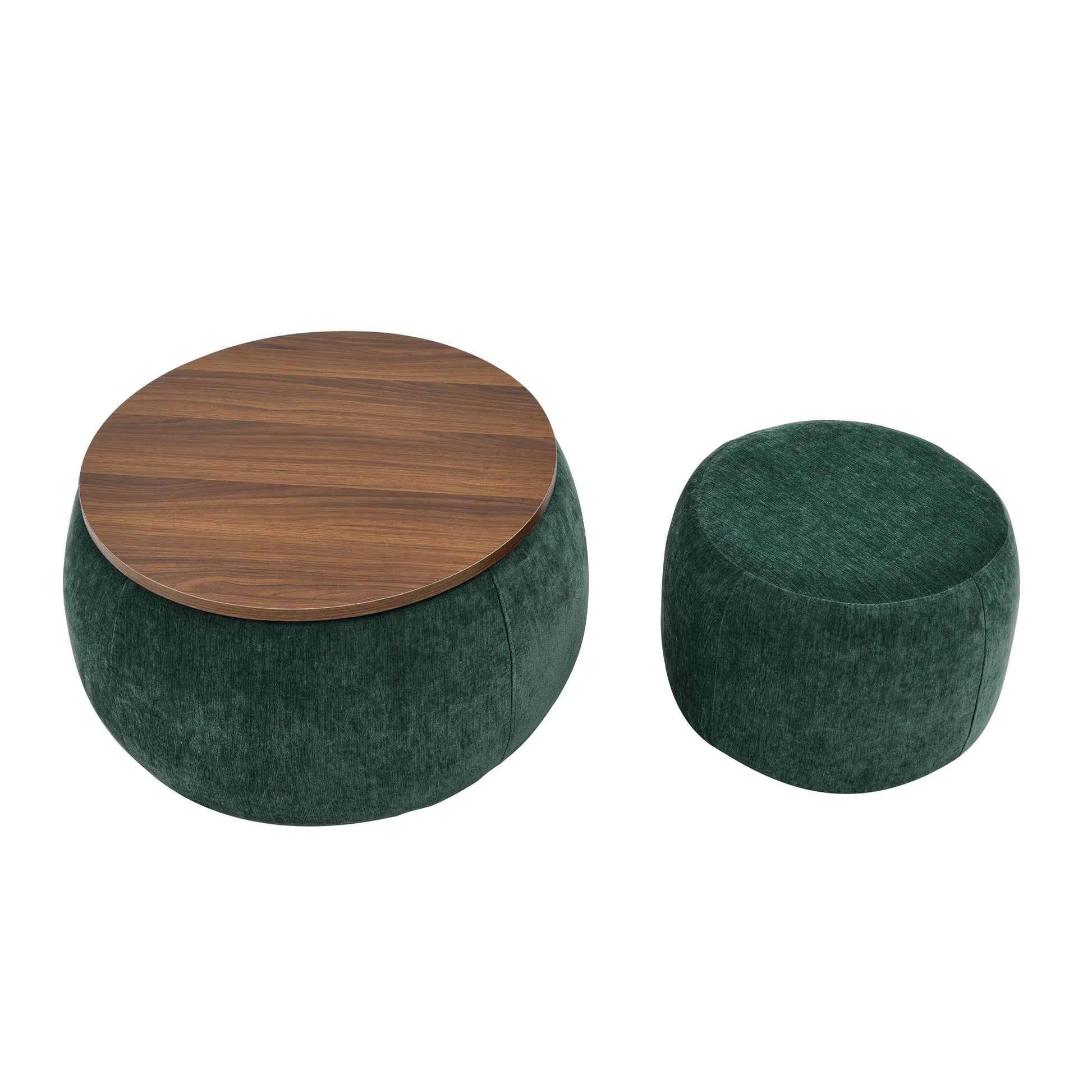 Round emerald green velvet ottoman with removable wooden tray top