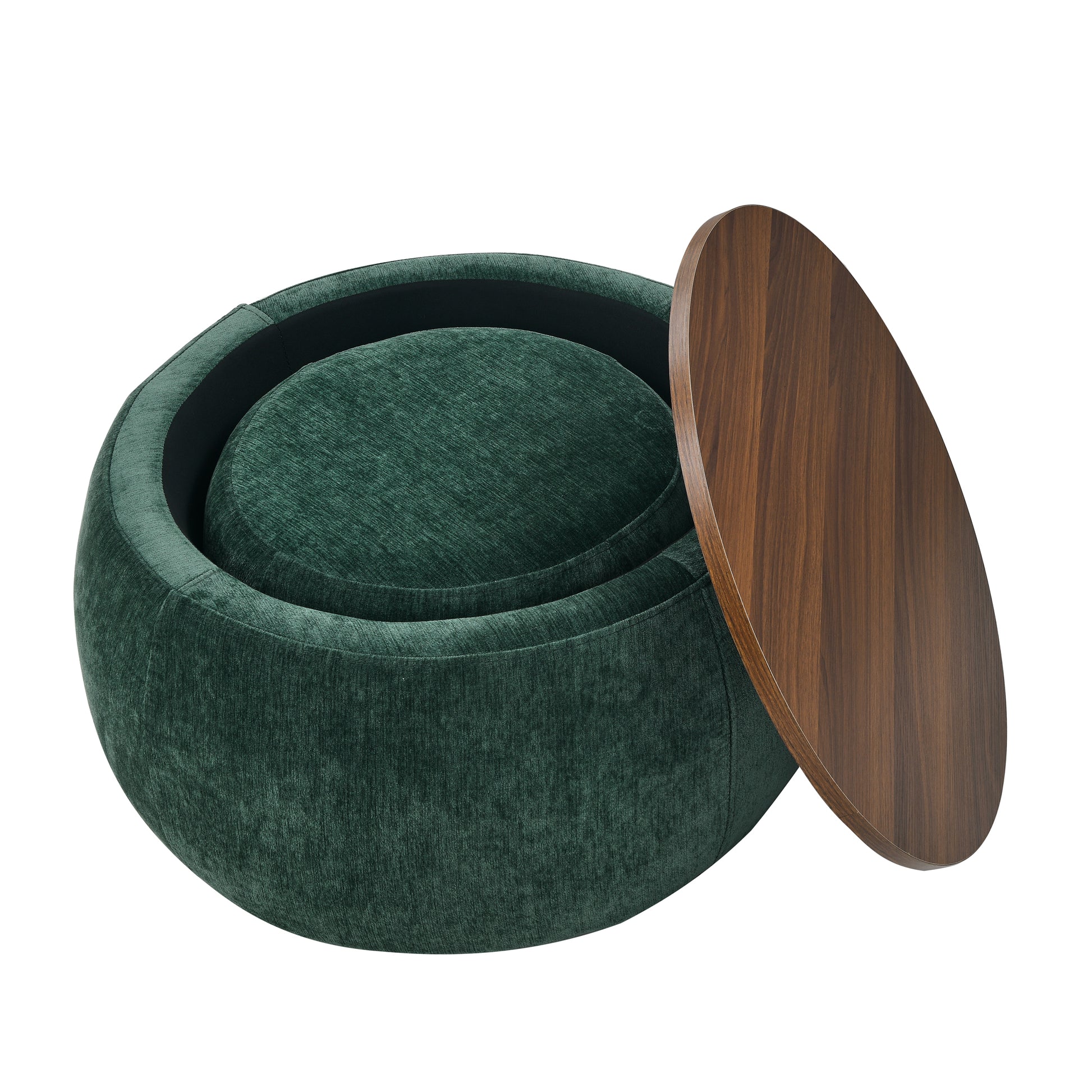 Emerald green velvet ottoman with hinged walnut wood lid for storage and accent seating