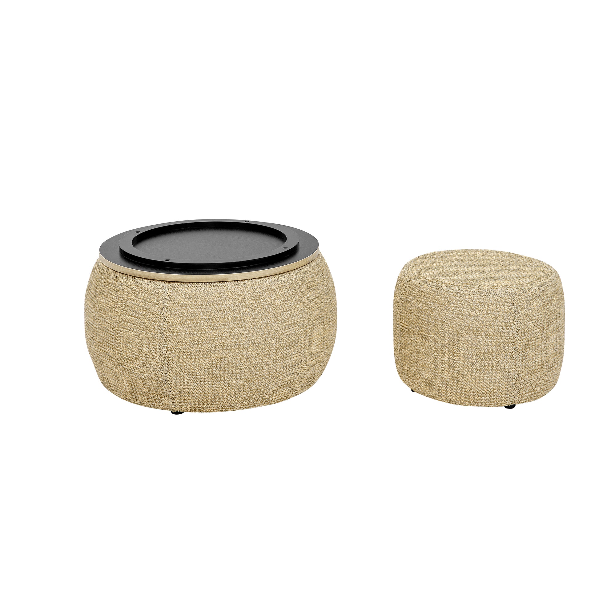 Round beige woven storage ottoman with black woodeffect tray top