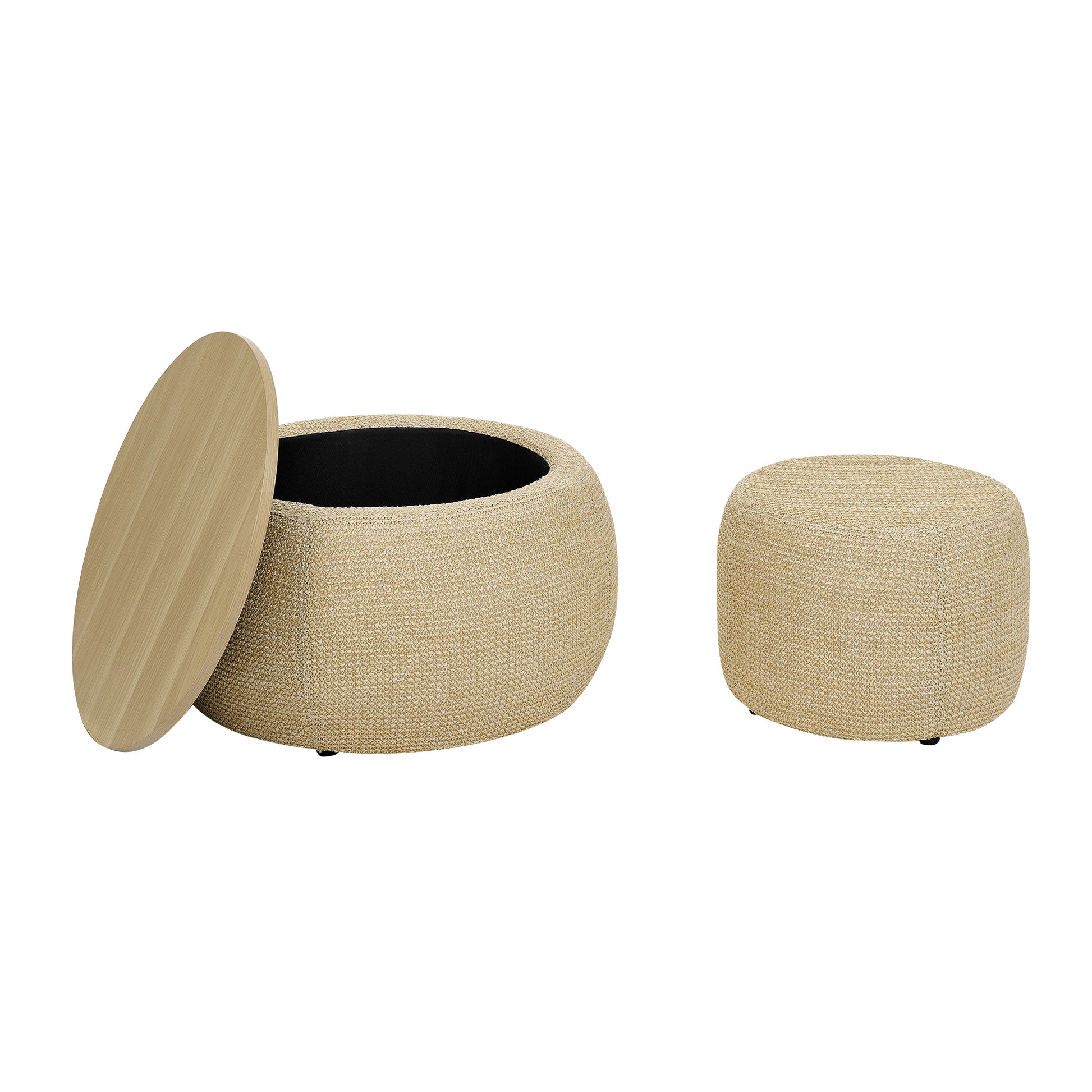 Round storage ottoman with light wood lid in woven beige fabric