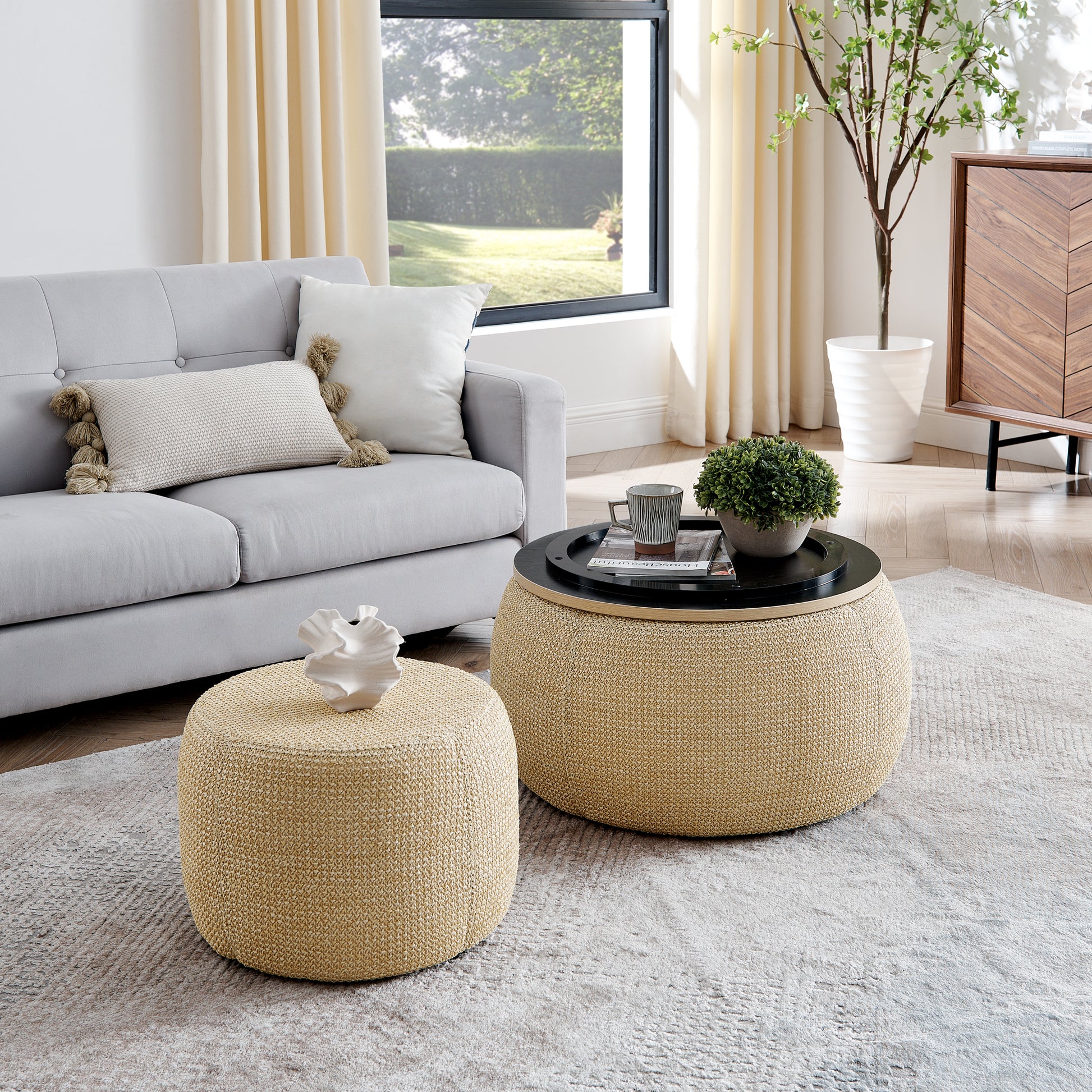 Round textured ottoman in natural woven material perfect accent for living rooms