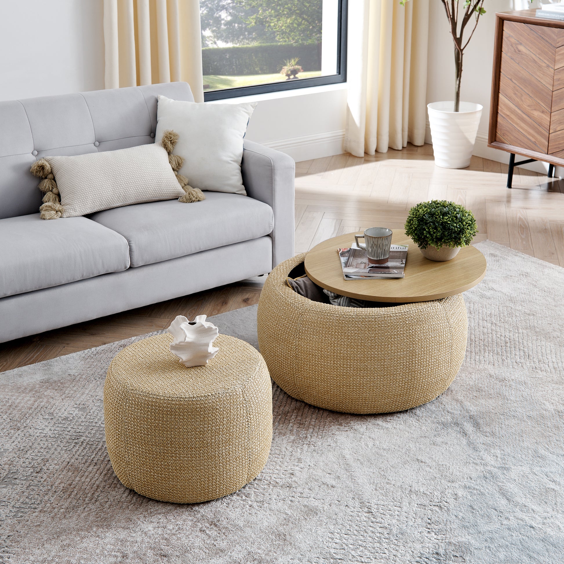 Round woven storage ottoman with natural jute texture and wood lid