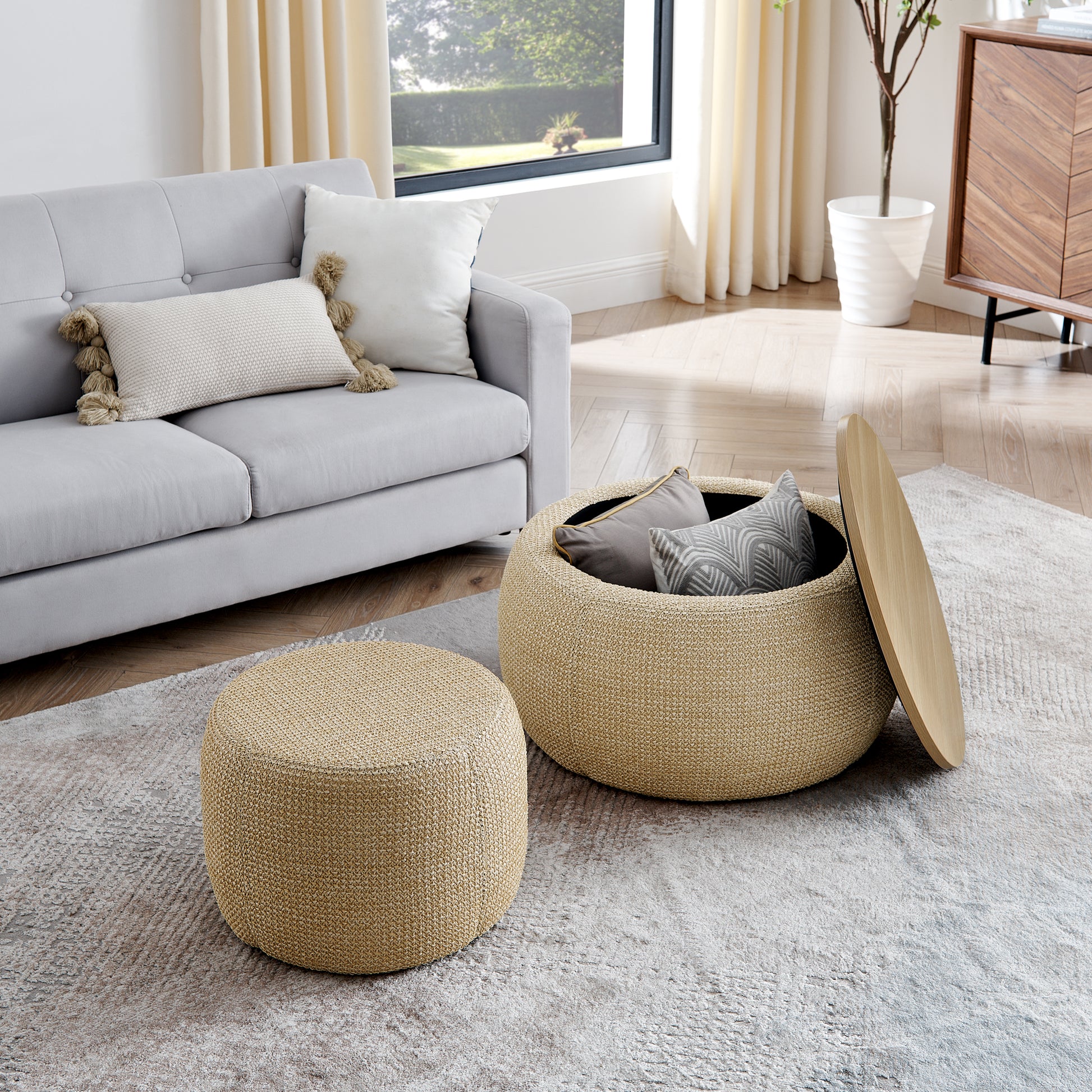 Round woven storage ottoman in natural fiber with wooden lid perfect for living room organization