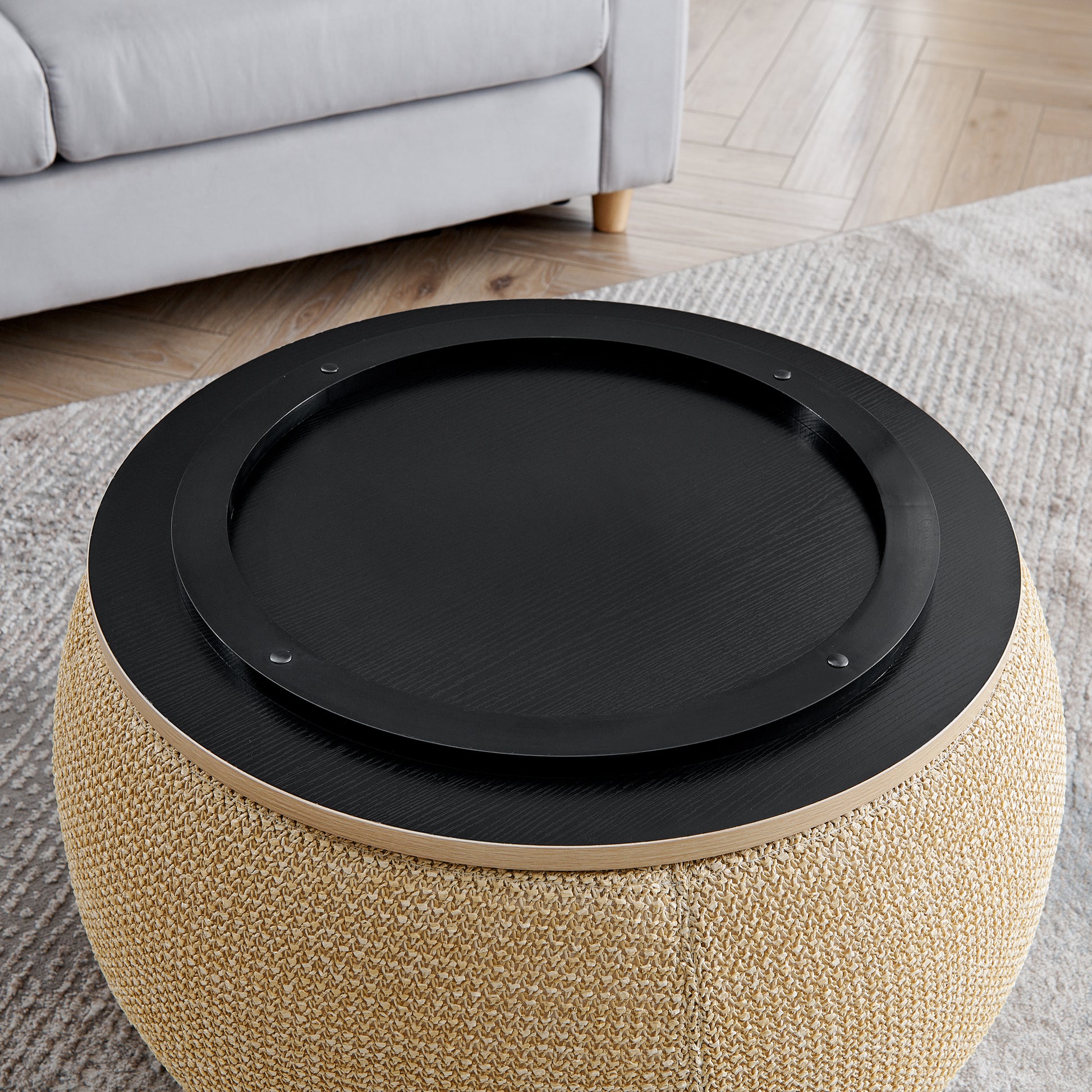 Round woven ottoman with removable black wood serving tray top