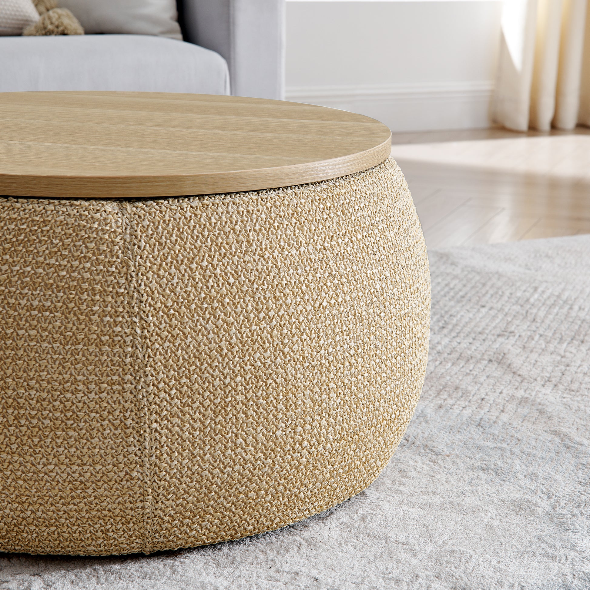 Round oaktop ottoman with woven jute base for living room use