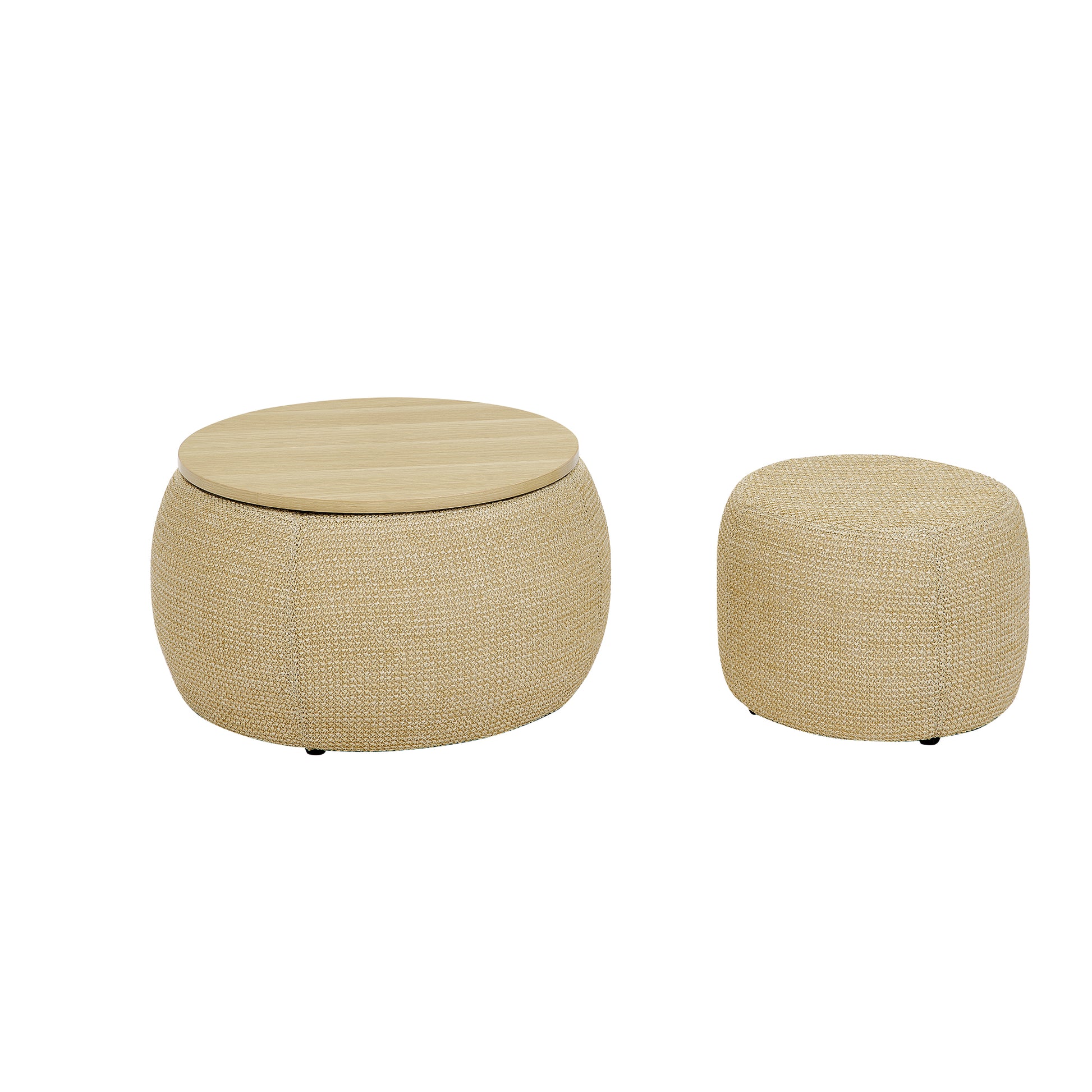 Round woven storage ottoman with light wood lid