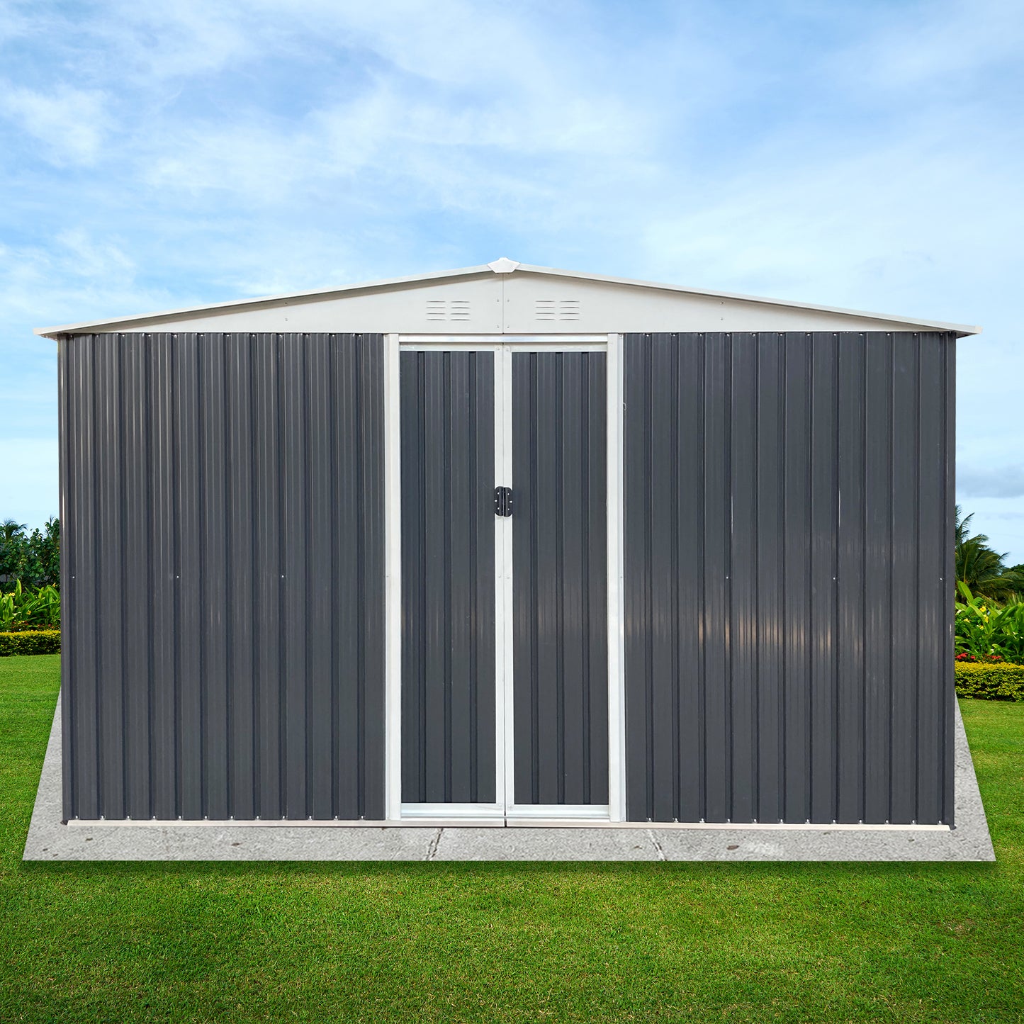 Dark gray metal garden shed with double doors on a concrete base