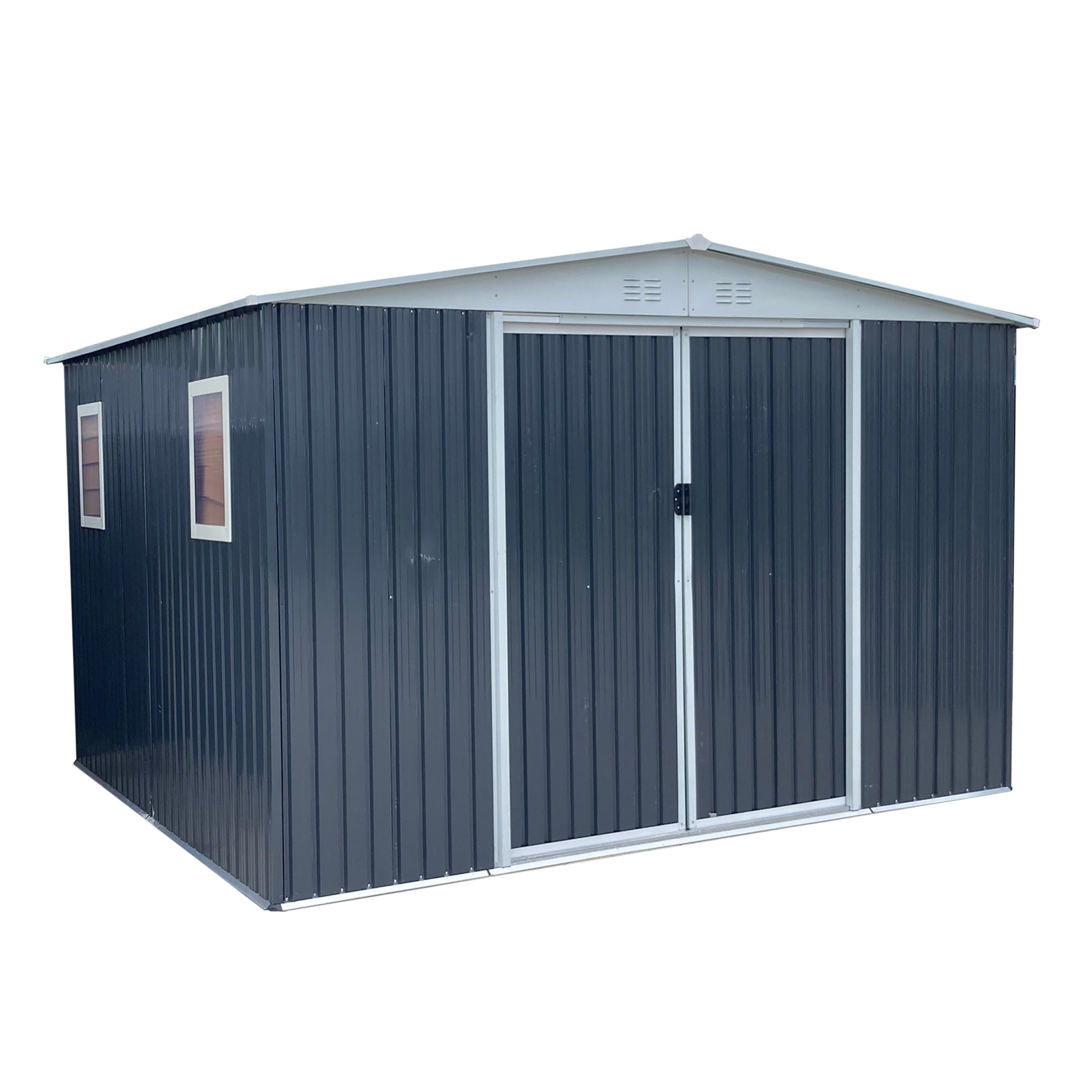 Dark grey metal garden shed with double doors and two small windows