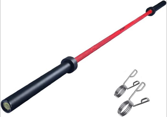 Black and red Olympic barbell with spring collars for weightlifting