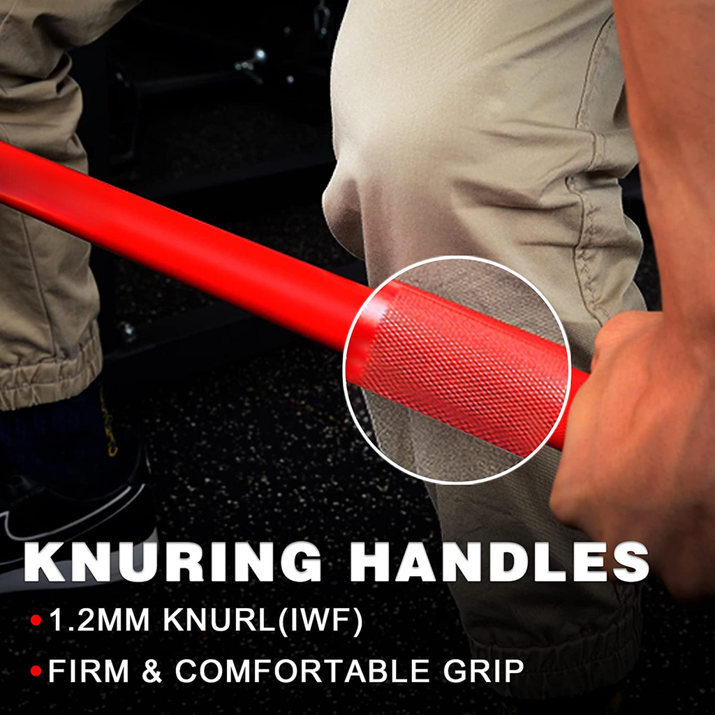 Closeup of textured red barbell knurling on a weightlifting bar handle