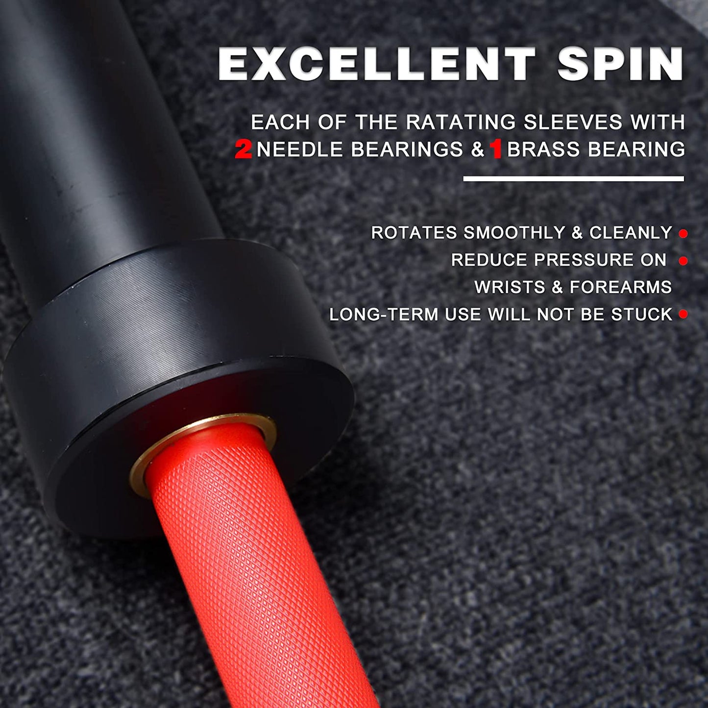 Black barbell sleeve with red knurled grip featuring dual needle and brass bearings for smooth spin