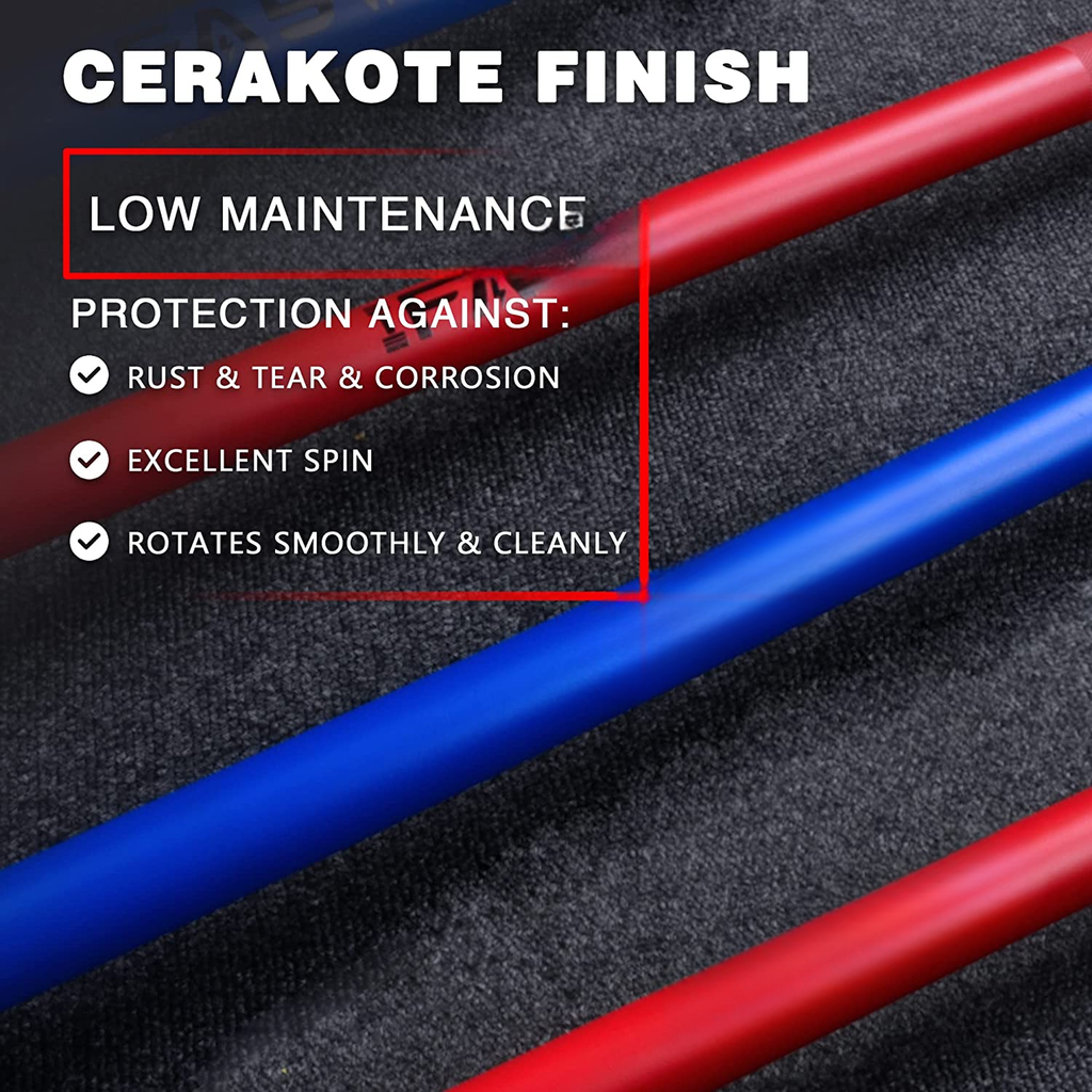 Red and blue jump ropes with Cerakote finish for low maintenance and rust protection